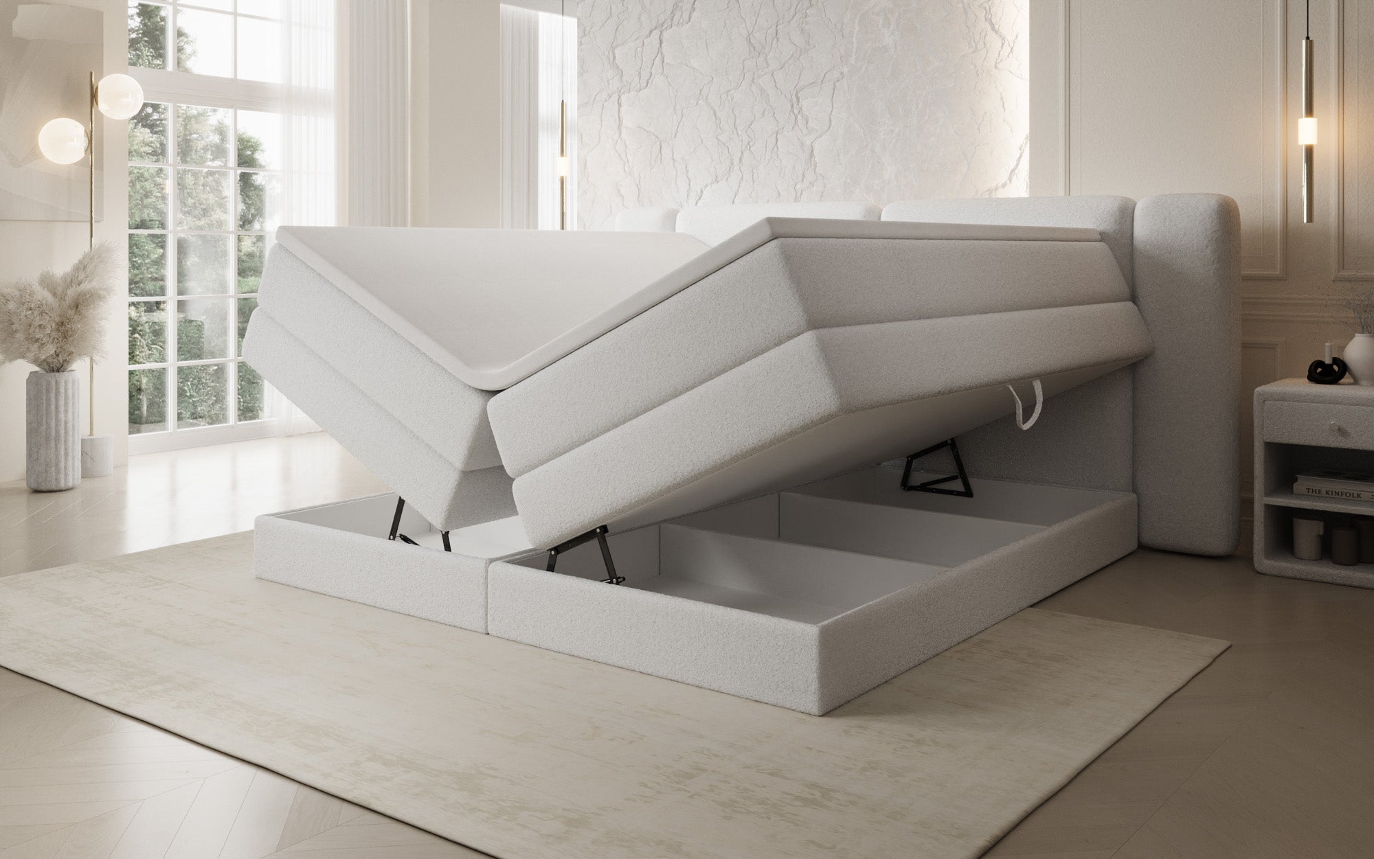 Lit boxspring Leni avec espace de rangement relevable en Peluche Bouclé