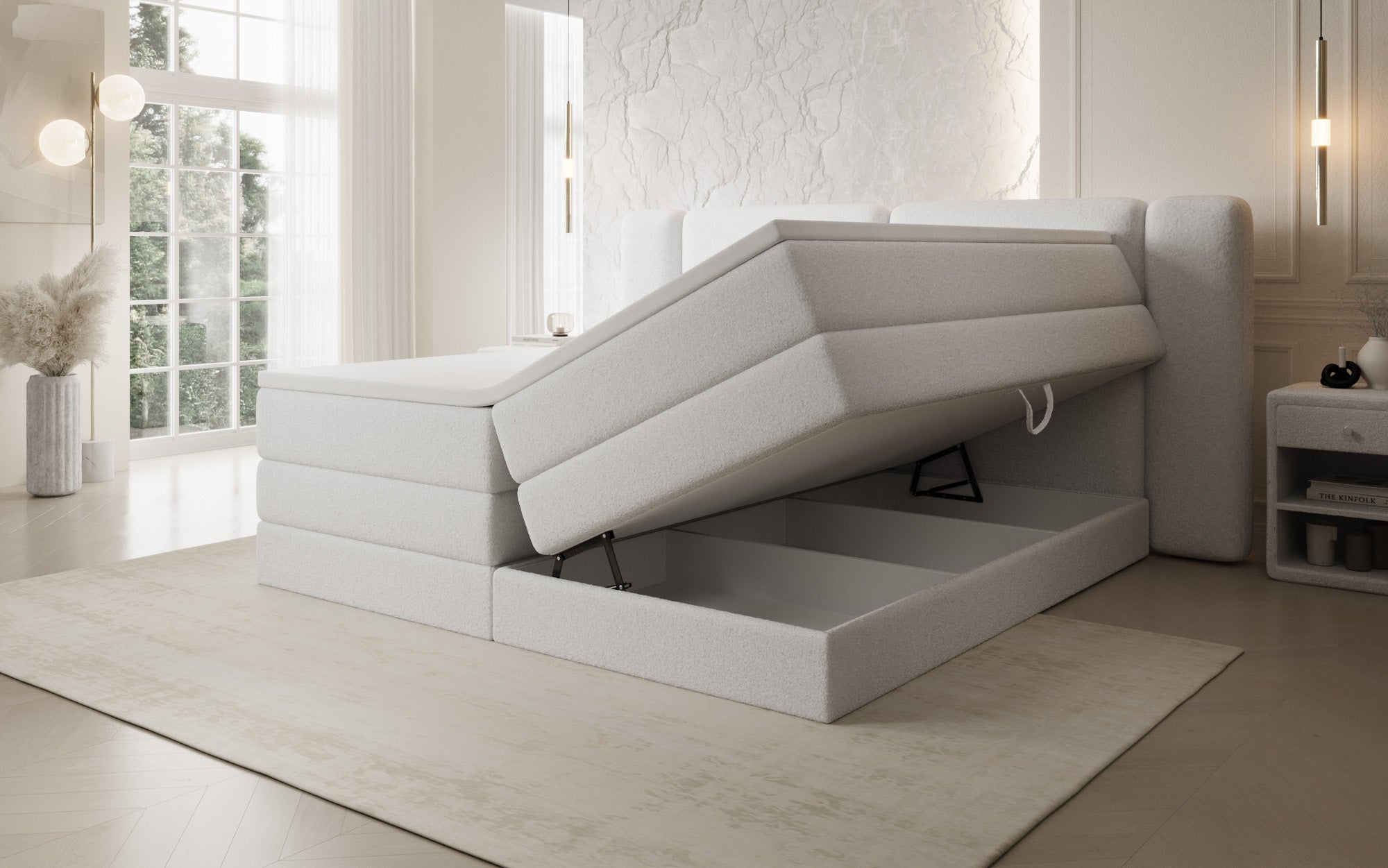 Lit boxspring Leni avec espace de rangement relevable en Peluche Bouclé