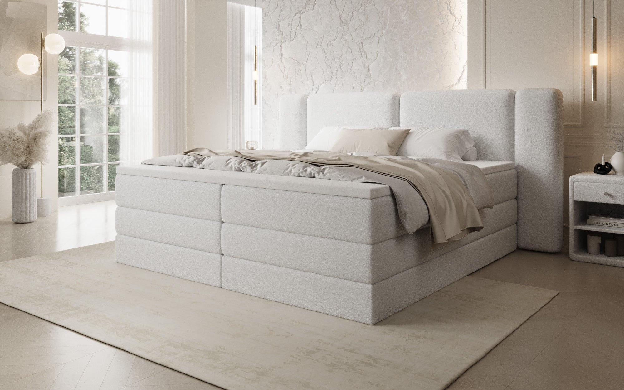 Lit boxspring Leni avec espace de rangement relevable en Peluche Bouclé