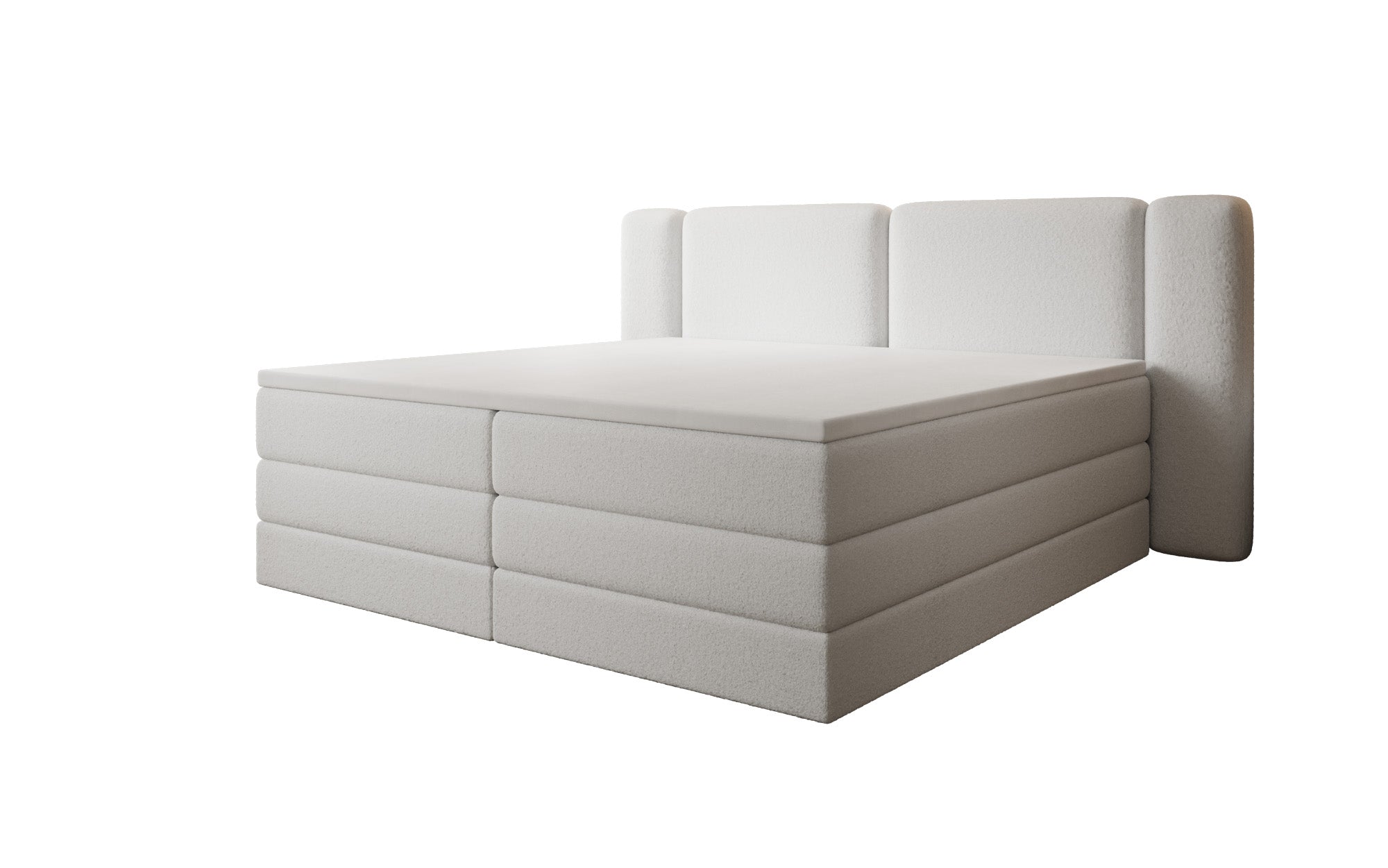 Lit boxspring Leni avec espace de rangement relevable en Peluche Bouclé