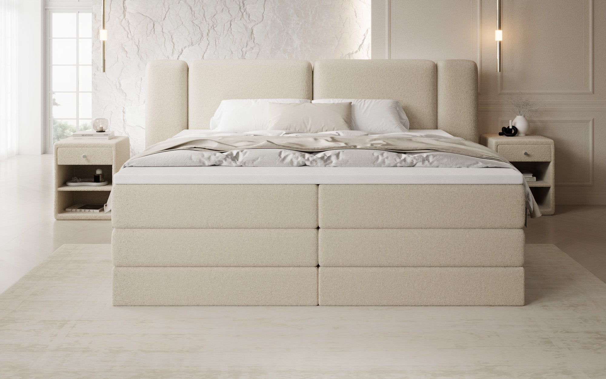 Lit boxspring Leni avec espace de rangement relevable en Peluche Bouclé