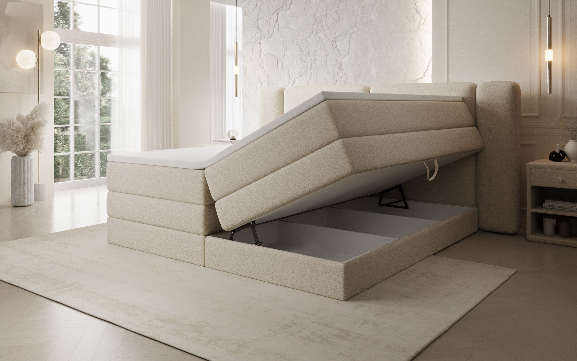 Lit boxspring Leni avec espace de rangement relevable en Peluche Bouclé