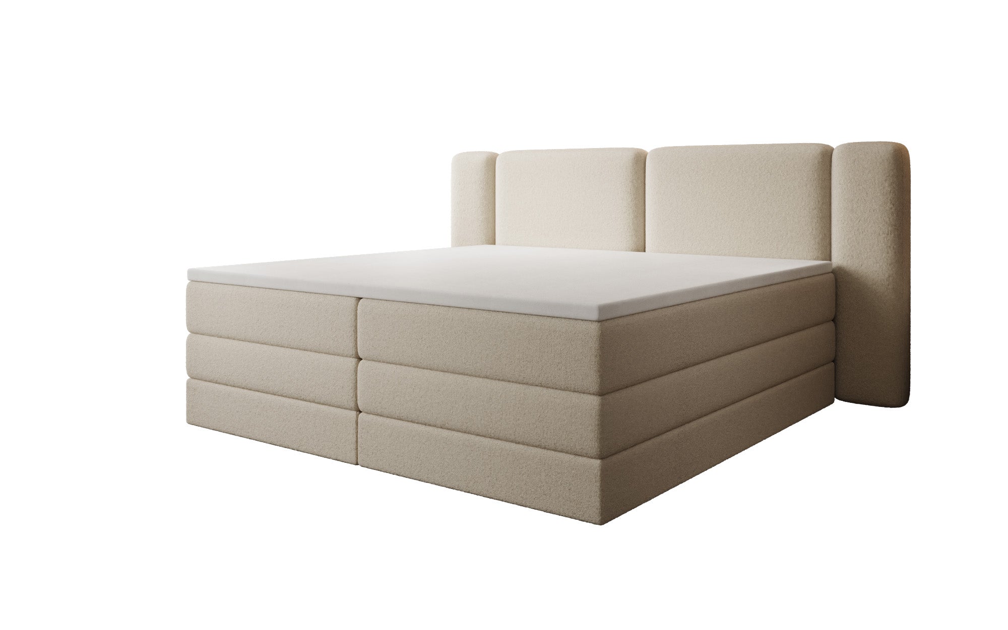Lit boxspring Leni avec espace de rangement relevable en Peluche Bouclé