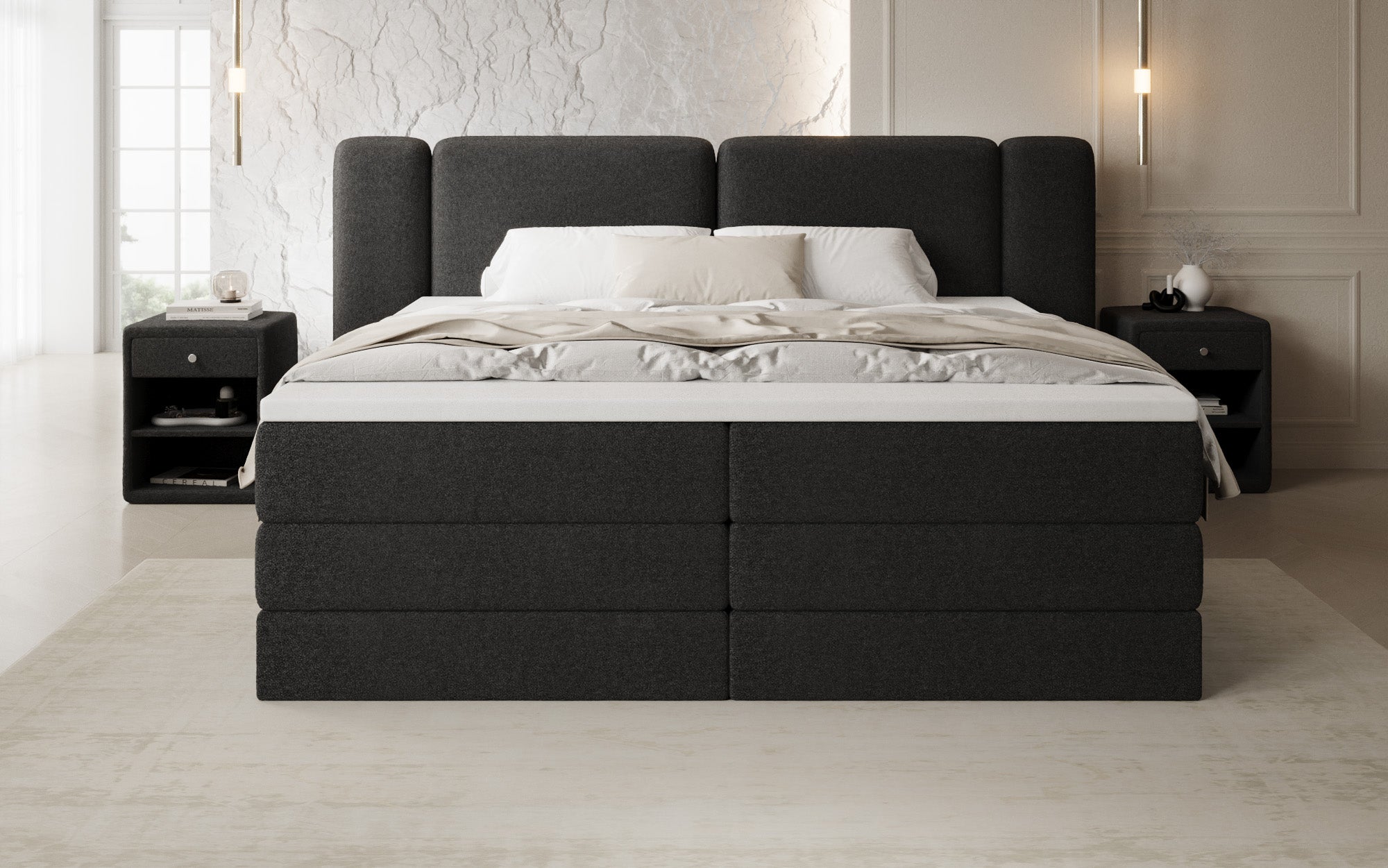 Lit boxspring Leni avec espace de rangement relevable en Peluche Bouclé