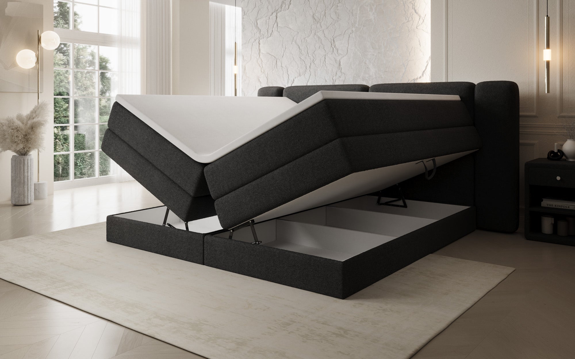 Lit boxspring Leni avec espace de rangement relevable en Peluche Bouclé