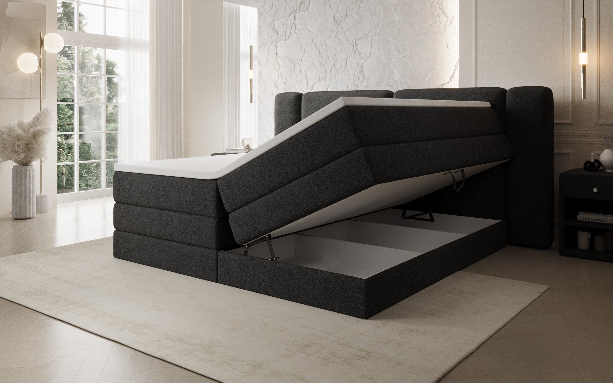 Lit boxspring Leni avec espace de rangement relevable en Peluche Bouclé
