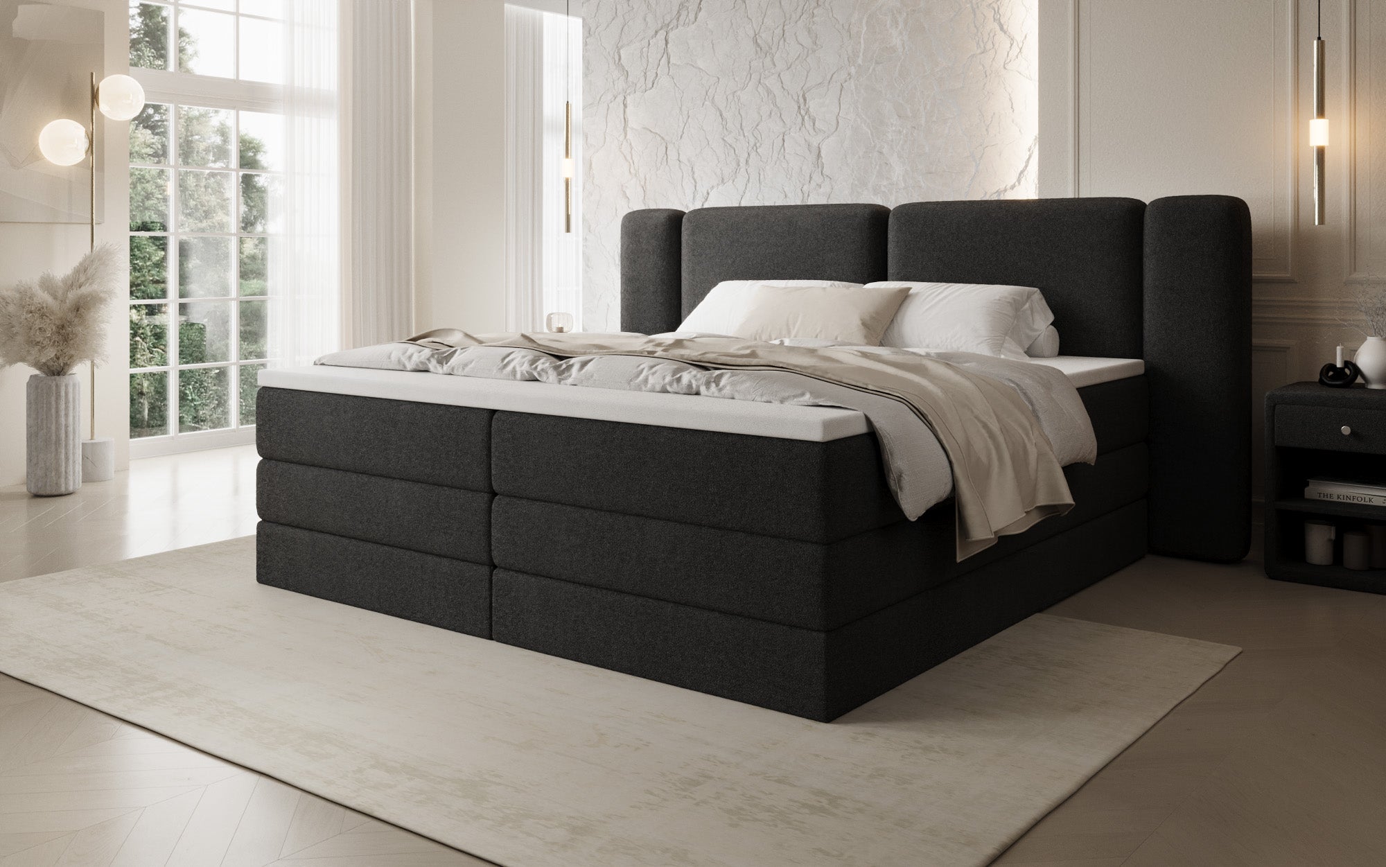 Lit boxspring Leni avec espace de rangement relevable en Peluche Bouclé