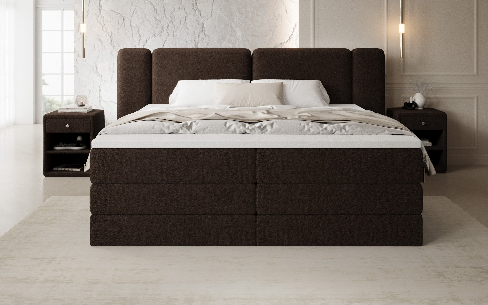 Lit boxspring Leni avec espace de rangement relevable en Peluche Bouclé