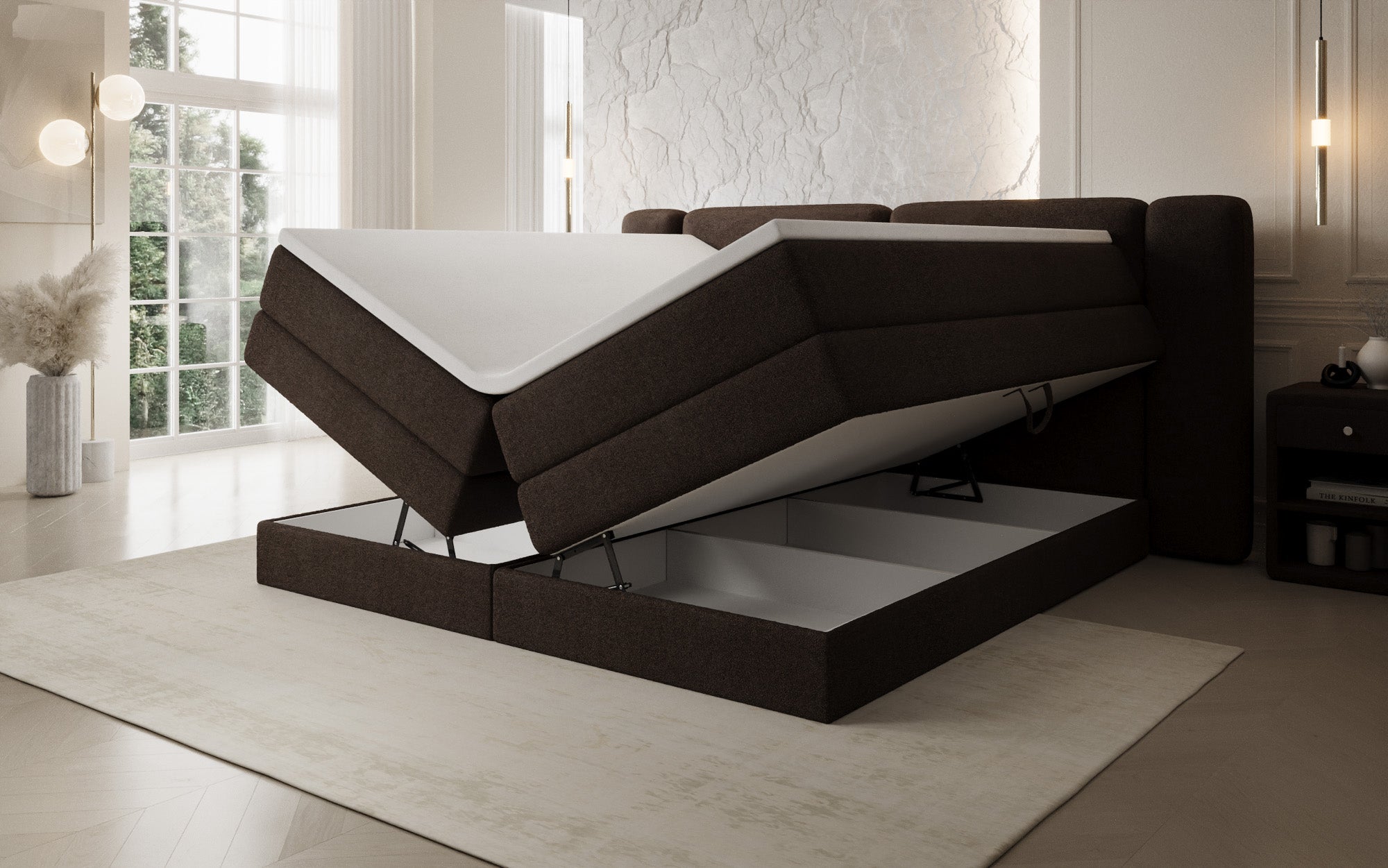 Lit boxspring Leni avec espace de rangement relevable en Peluche Bouclé