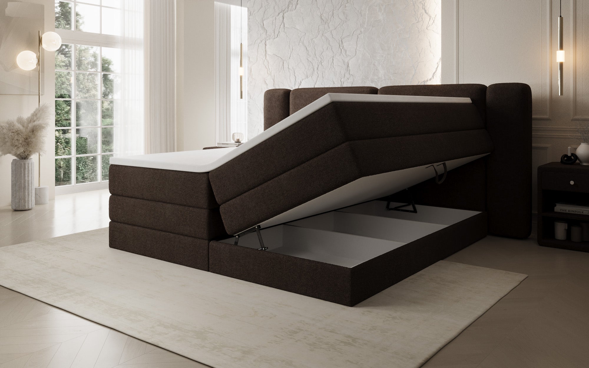 Lit boxspring Leni avec espace de rangement relevable en Peluche Bouclé