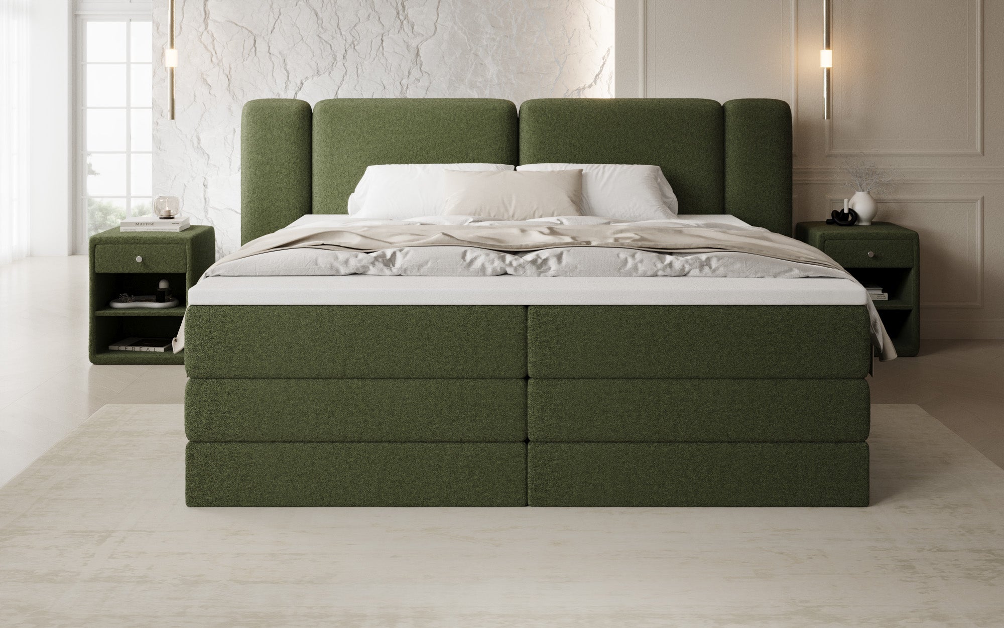 Lit boxspring Leni avec espace de rangement relevable en Peluche Bouclé