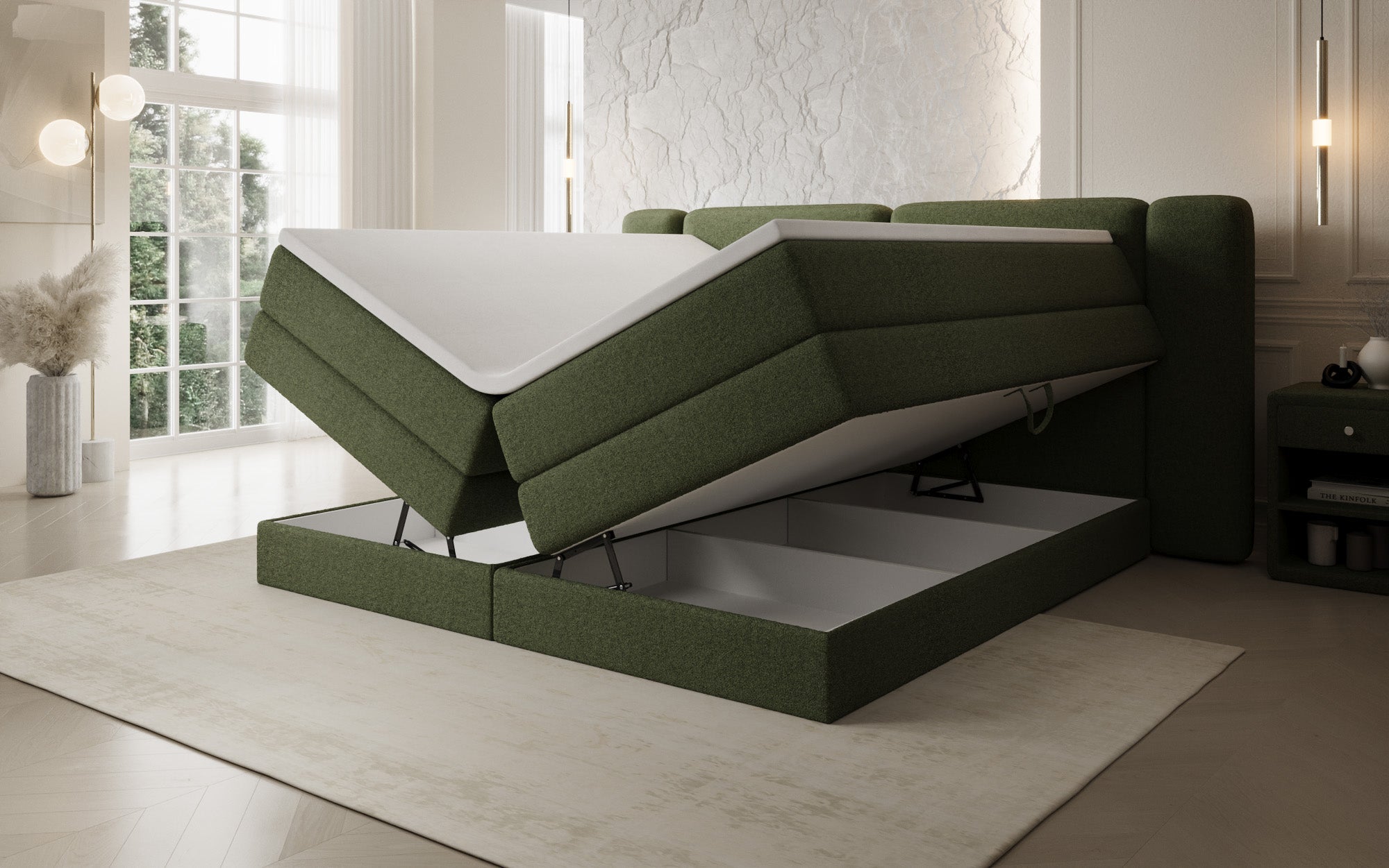 Lit boxspring Leni avec espace de rangement relevable en Peluche Bouclé