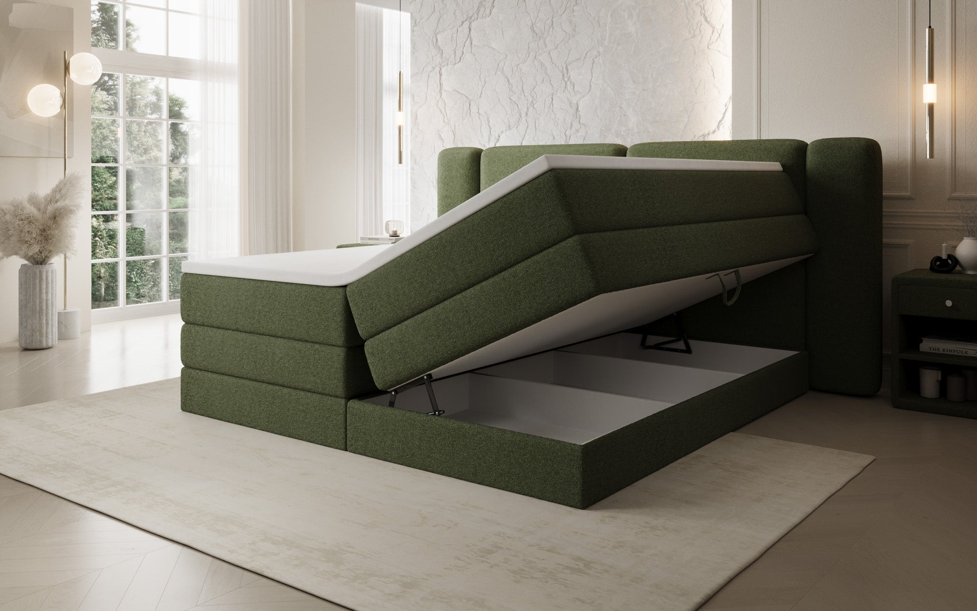 Lit boxspring Leni avec espace de rangement relevable en Peluche Bouclé