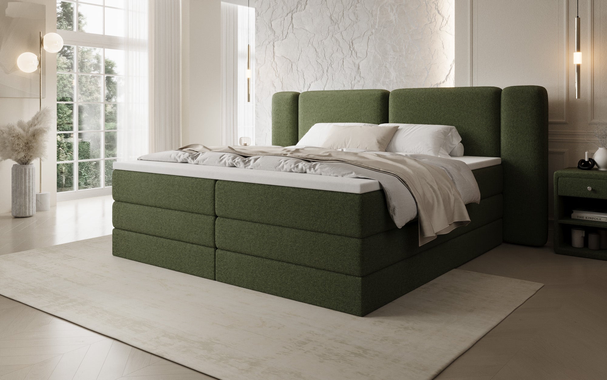 Lit boxspring Leni avec espace de rangement relevable en Peluche Bouclé