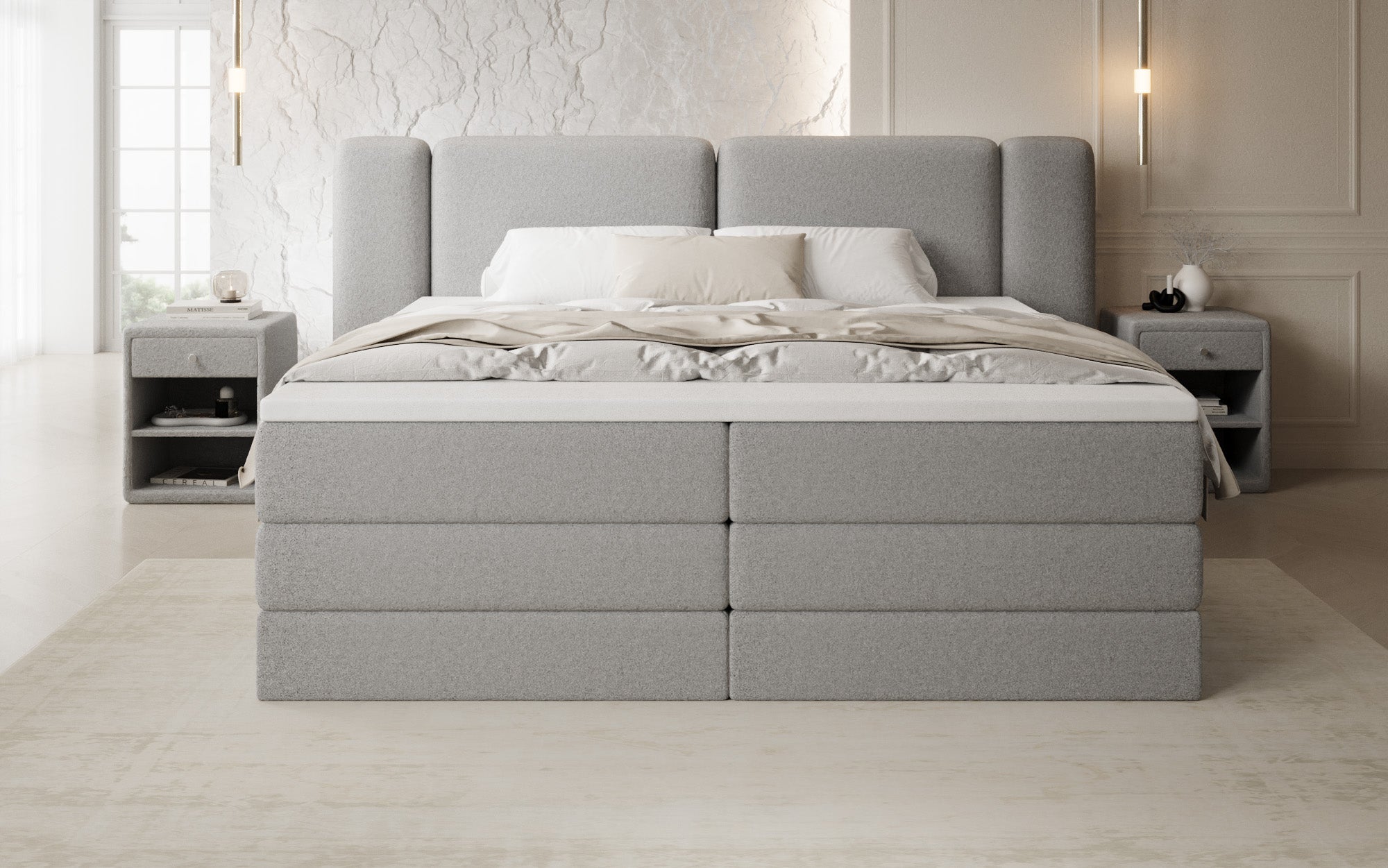 Lit boxspring Leni avec espace de rangement relevable en Peluche Bouclé