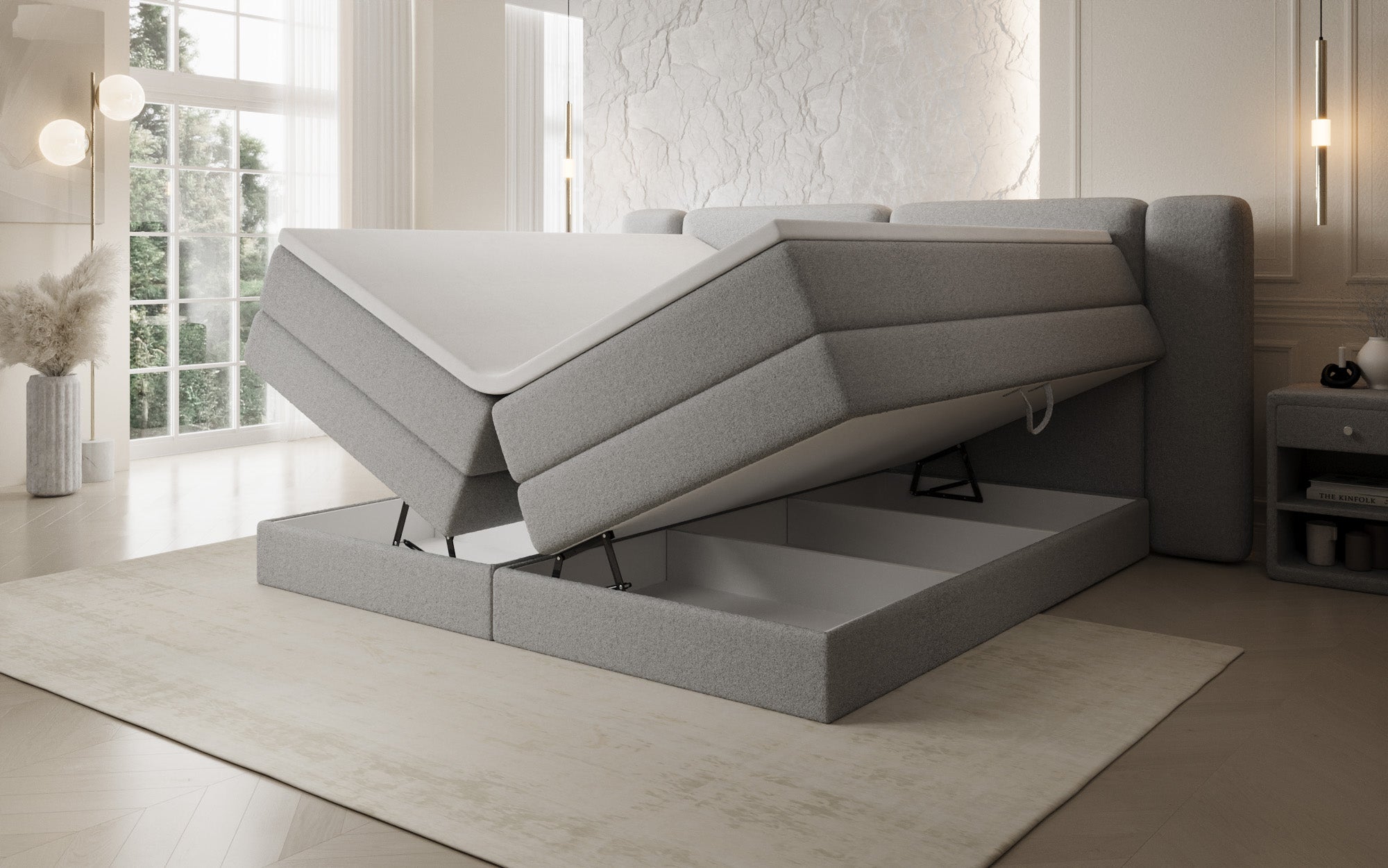 Lit boxspring Leni avec espace de rangement relevable en Peluche Bouclé