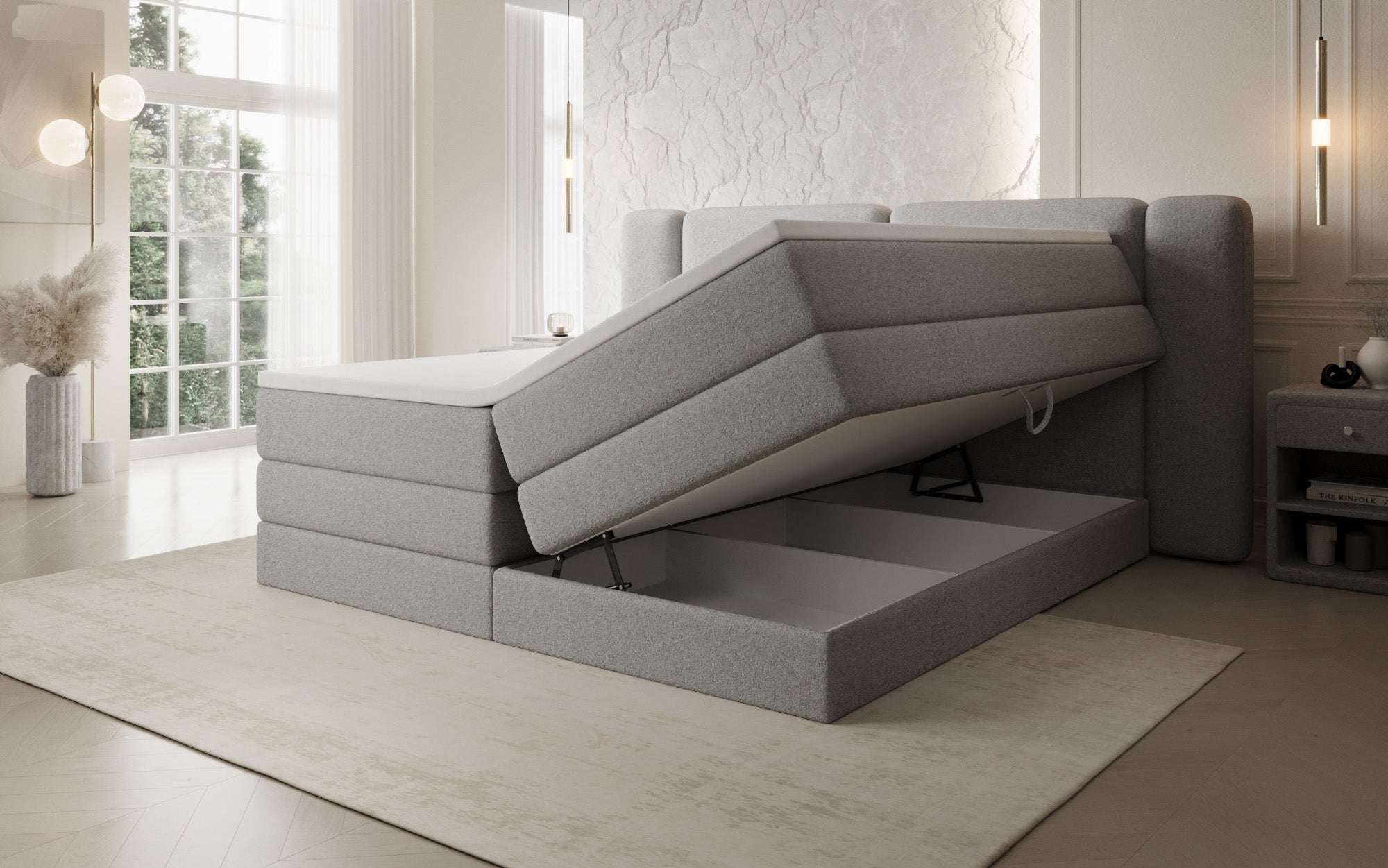 Lit boxspring Leni avec espace de rangement relevable en Peluche Bouclé