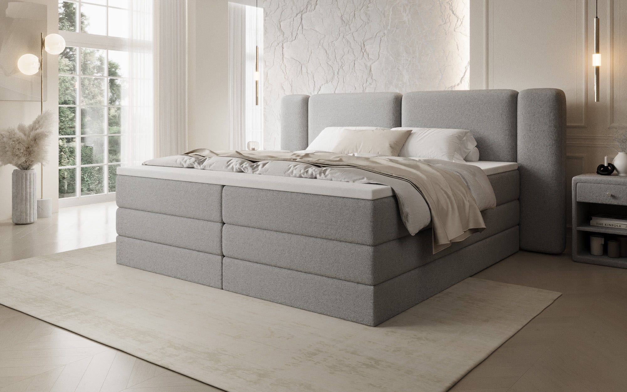 Lit boxspring Leni avec espace de rangement relevable en Peluche Bouclé