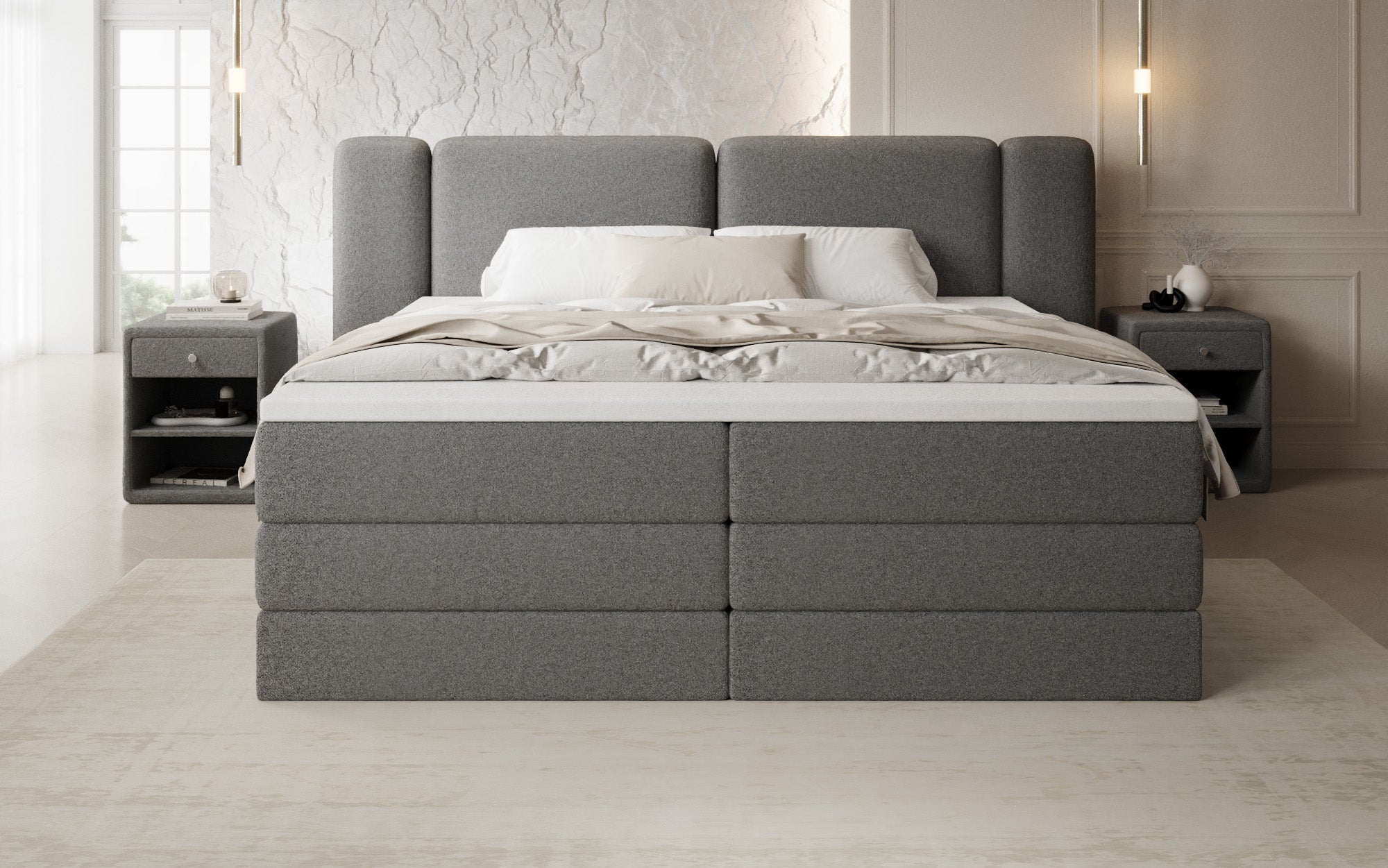 Lit boxspring Leni avec espace de rangement relevable en Peluche Bouclé