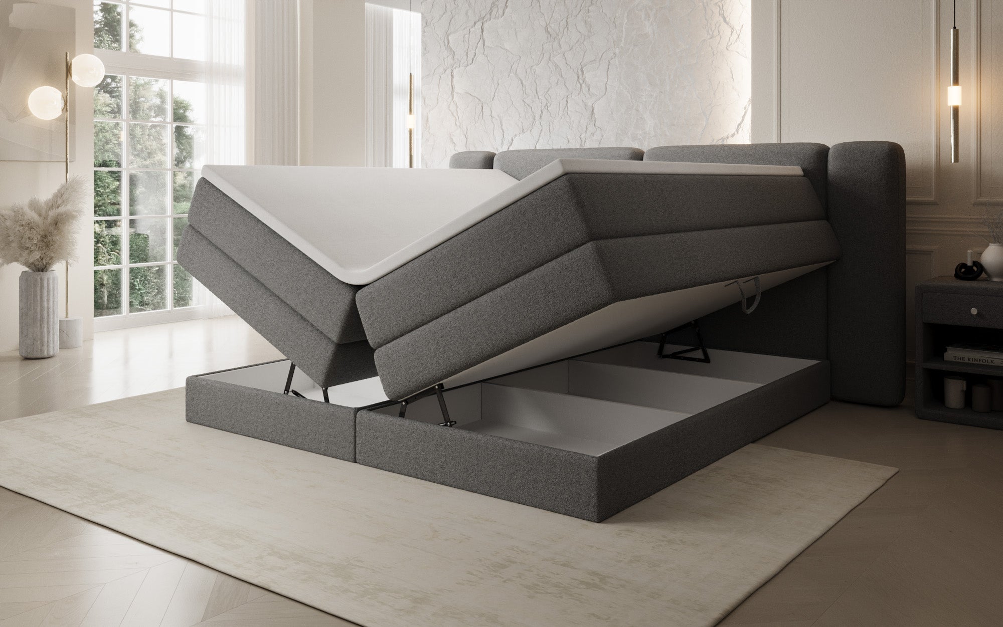 Lit boxspring Leni avec espace de rangement relevable en Peluche Bouclé