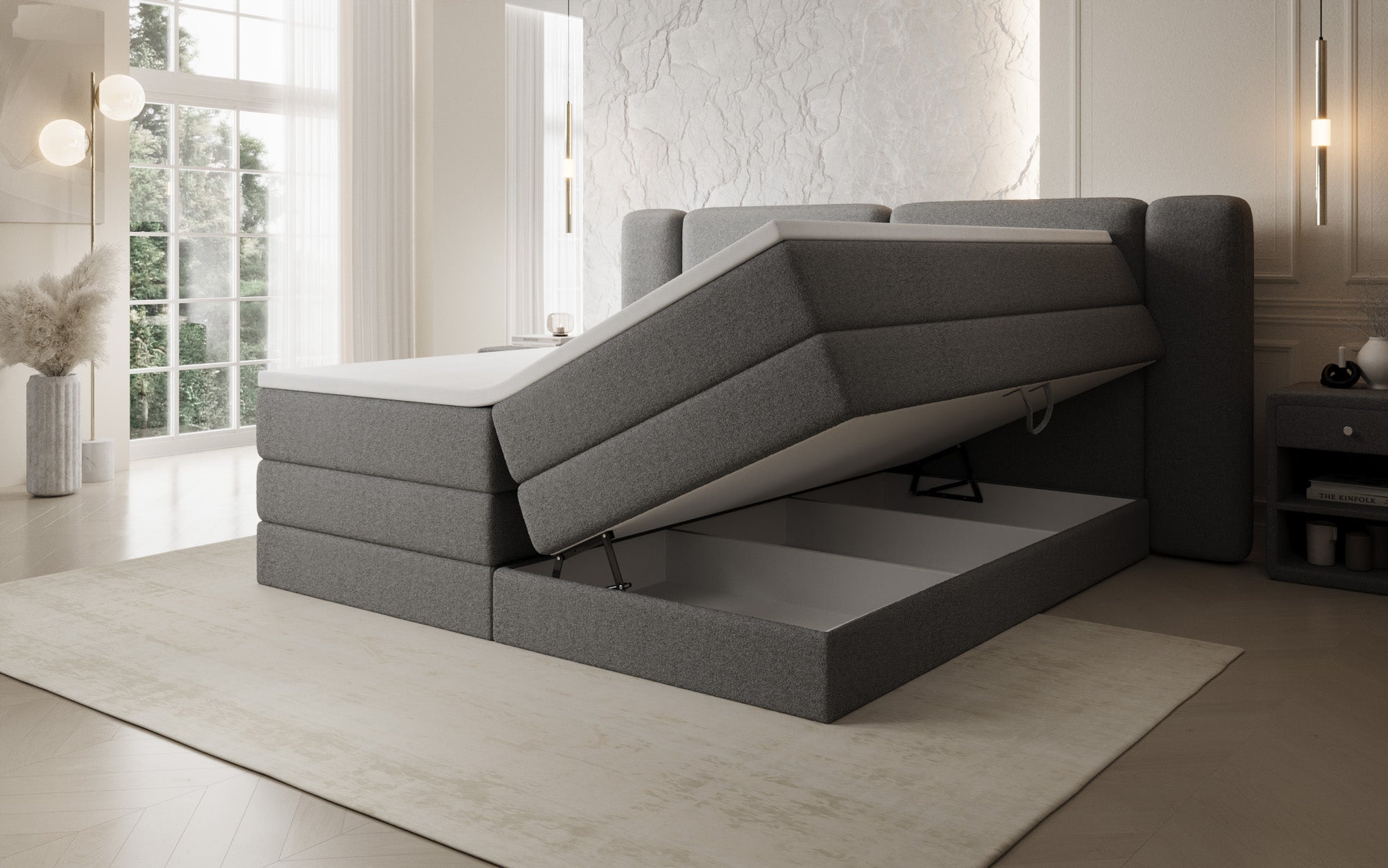Lit boxspring Leni avec espace de rangement relevable en Peluche Bouclé