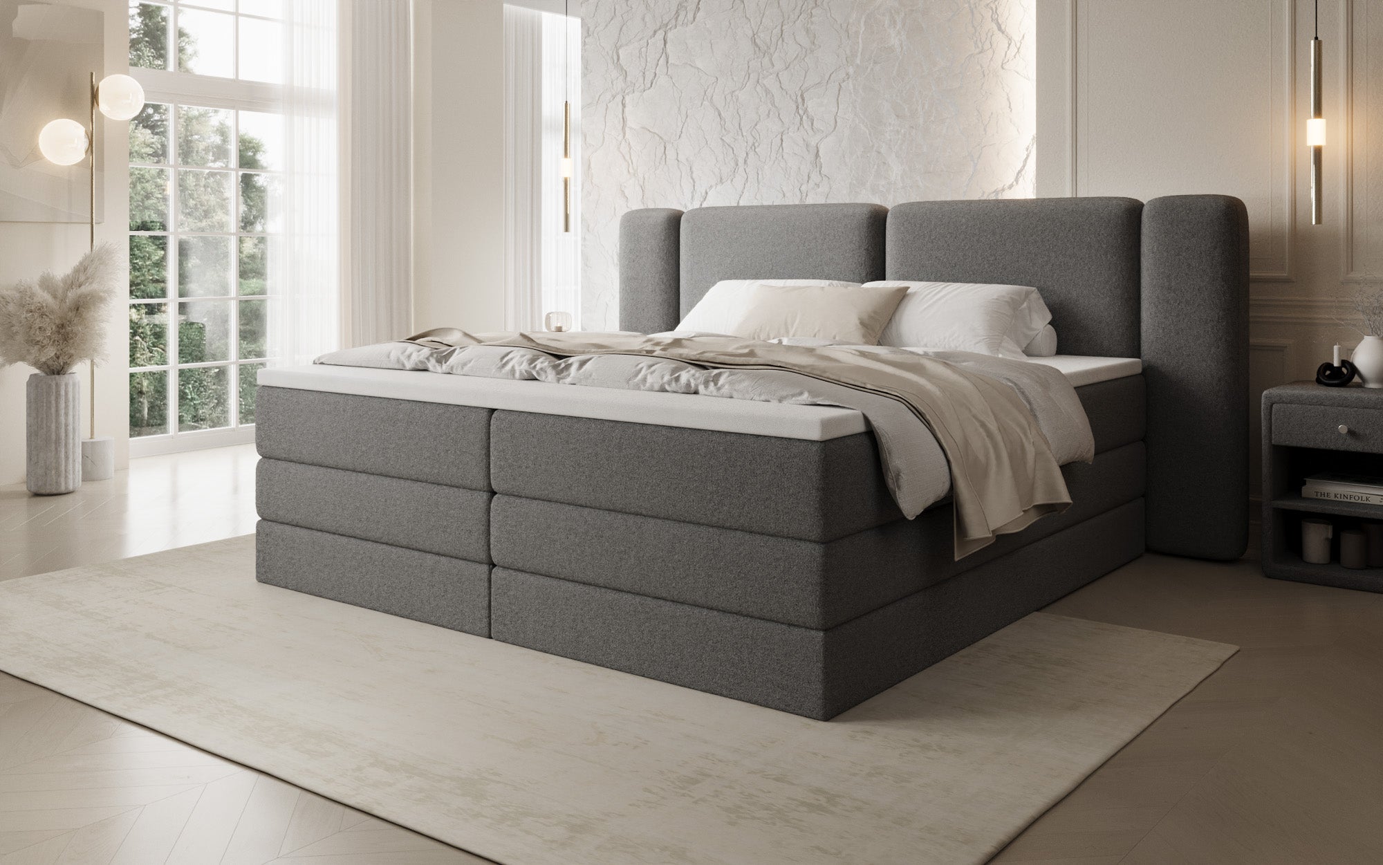 Lit boxspring Leni avec espace de rangement relevable en Peluche Bouclé