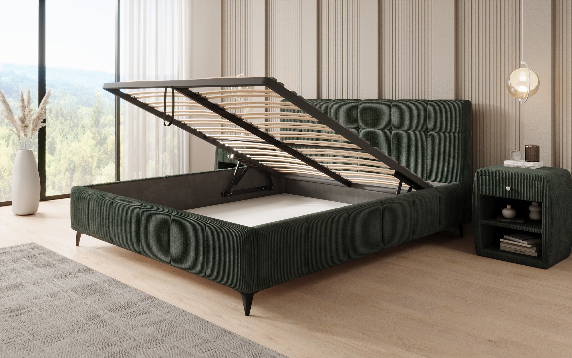 Lit rembourré design Nelly en Côtelé avec espace de rangement