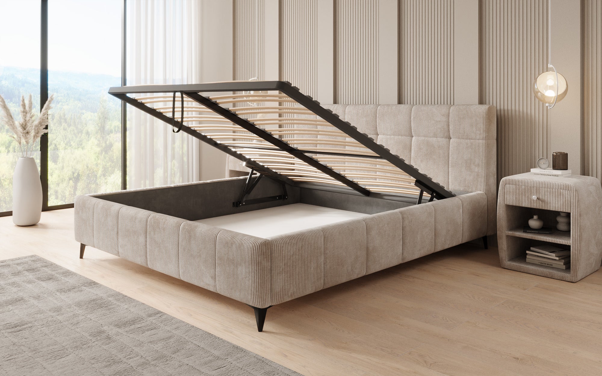 Lit rembourré design Nelly en Côtelé avec espace de rangement