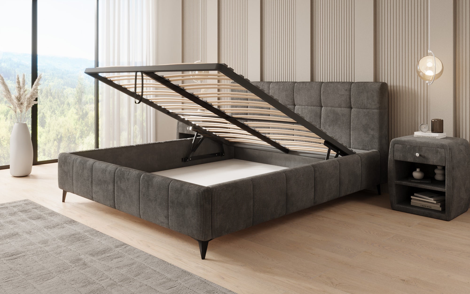 Lit rembourré design Nelly en Côtelé avec espace de rangement