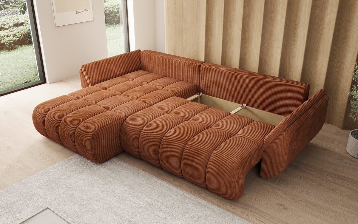 Designer-Sofa Lenoa L mat Schloffunktioun a Stauraum a Cord