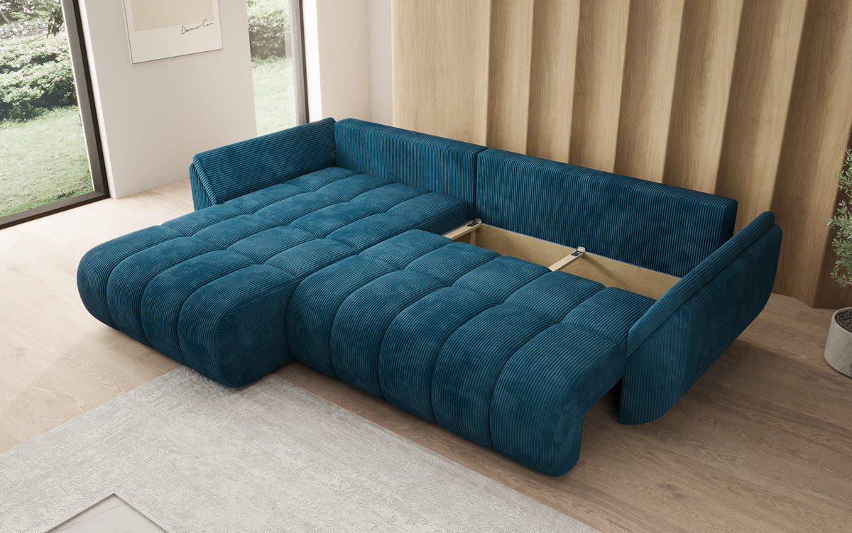Designer-Sofa Lenoa L mat Schloffunktioun a Stauraum a Cord