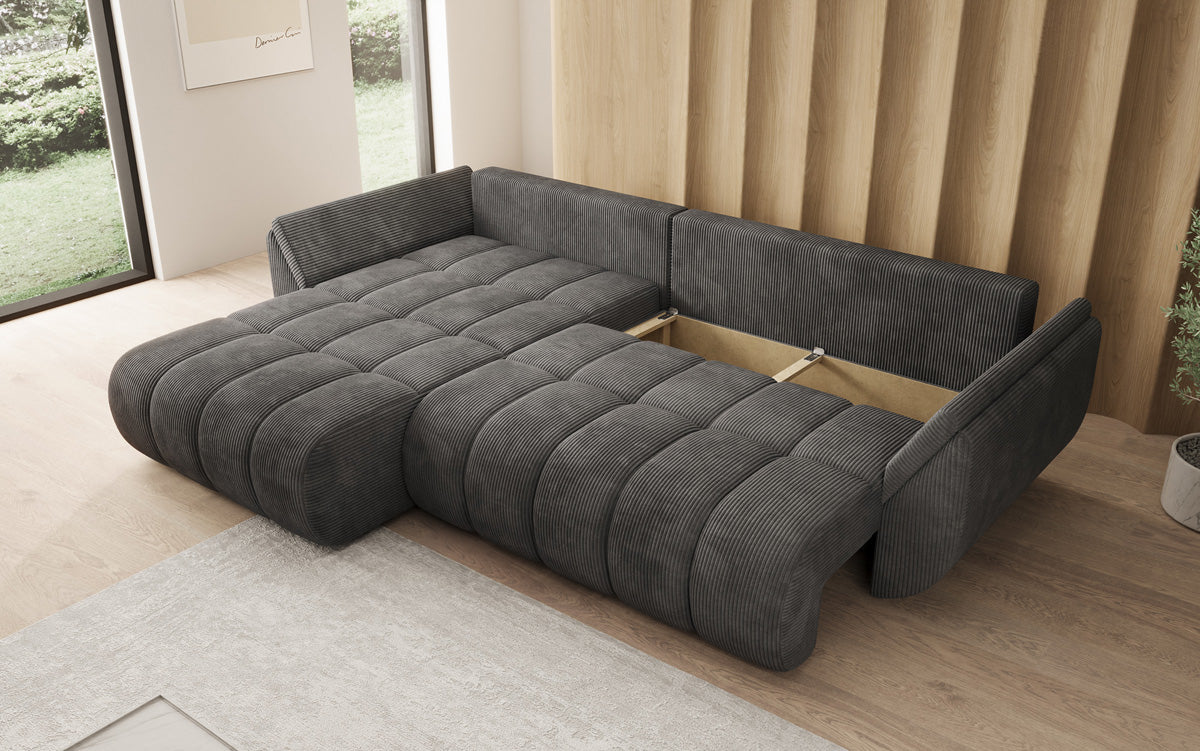 Designer-Sofa Lenoa L mat Schloffunktioun a Stauraum a Cord