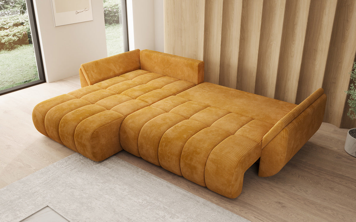 Designer-Sofa Lenoa L mat Schloffunktioun a Stauraum a Cord