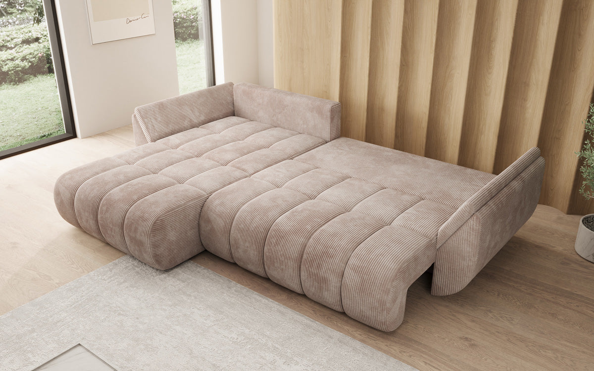 Designer-Sofa Lenoa L mat Schloffunktioun a Stauraum a Cord