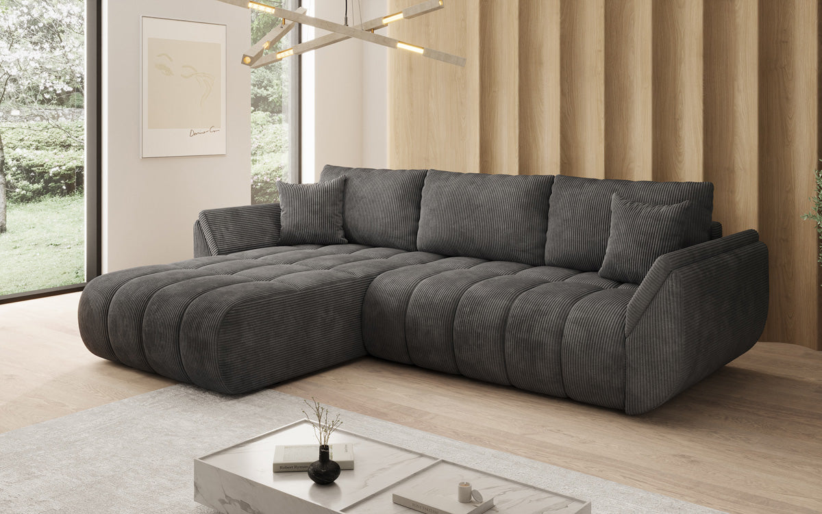 Designer-Sofa Lenoa L mat Schloffunktioun a Stauraum a Cord