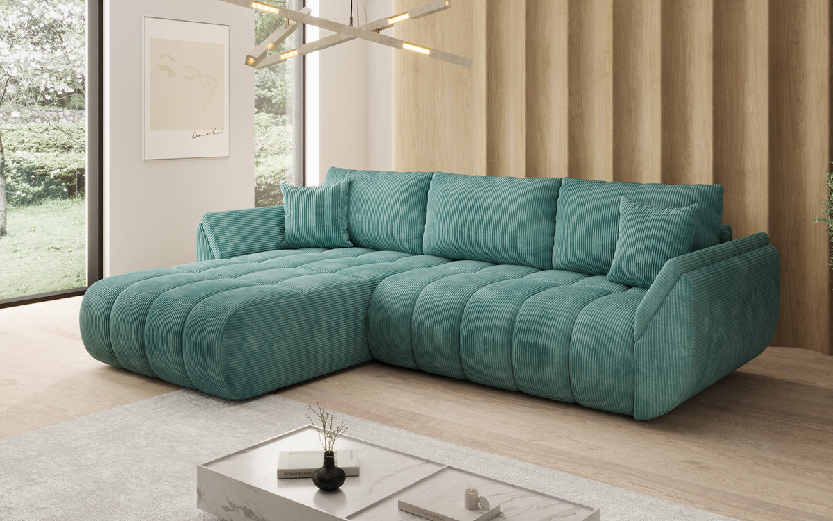 Designer-Sofa Lenoa L mat Schloffunktioun a Stauraum a Cord