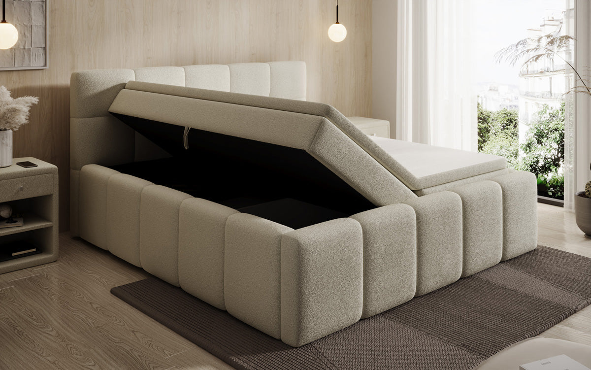 Designer upholstered bed Romy in Teddy Bouclé with storage, including mattresses