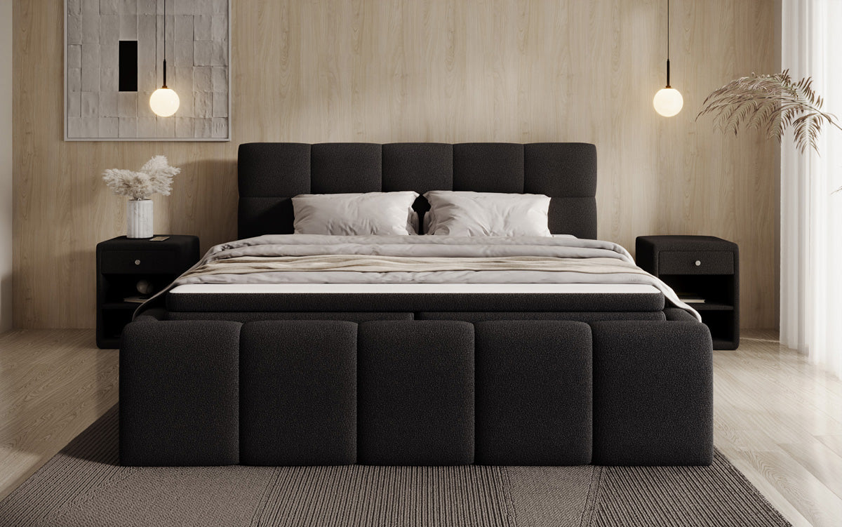 Designer upholstered bed Romy in Teddy Bouclé with storage, including mattresses