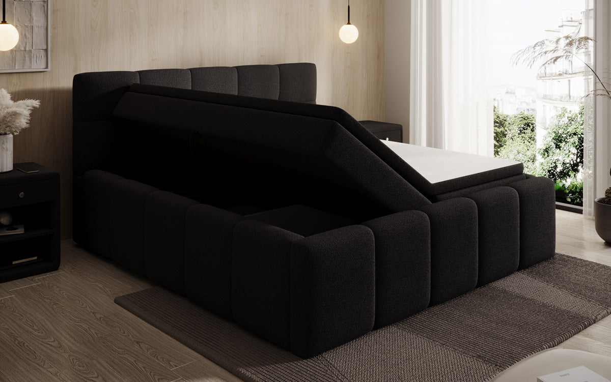 Designer upholstered bed Romy in Teddy Bouclé with storage, including mattresses