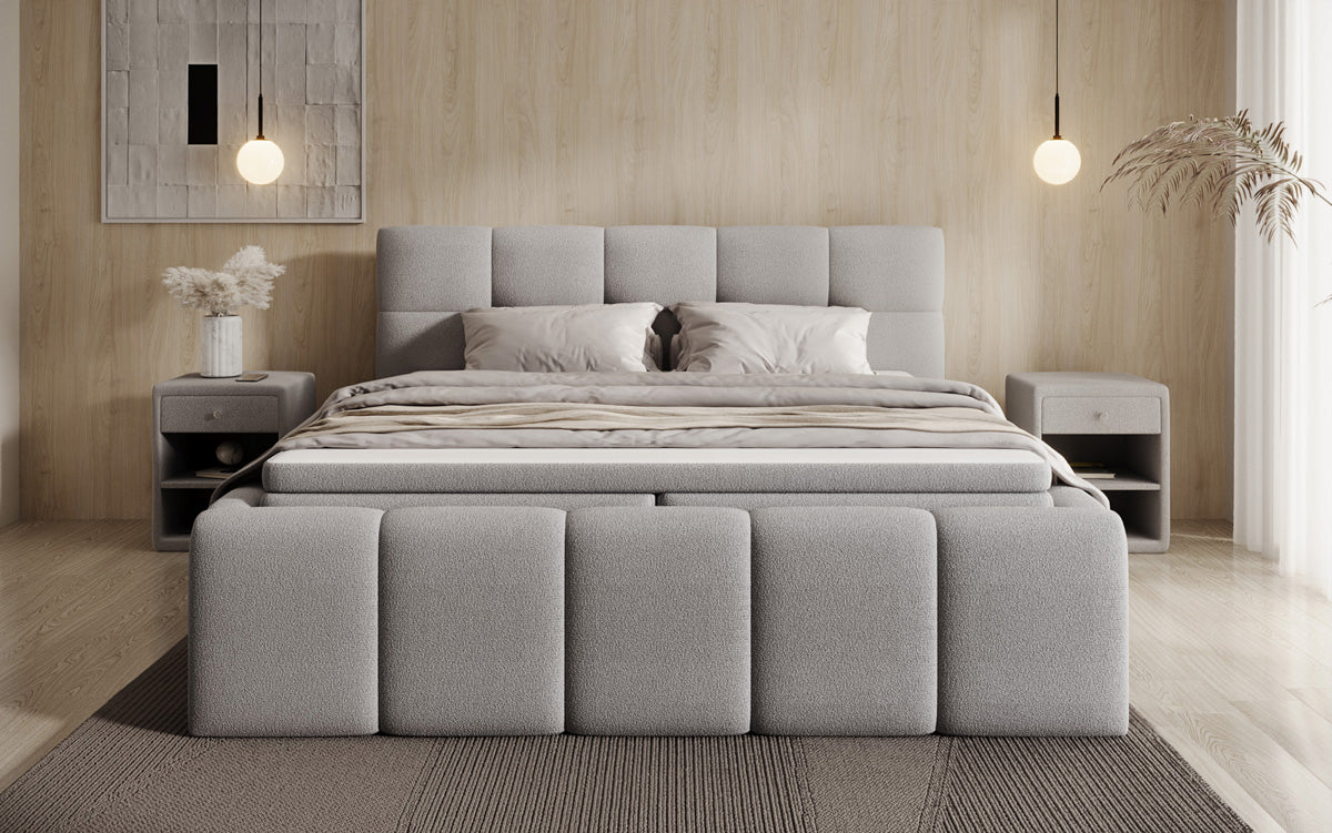 Designer upholstered bed Romy in Teddy Bouclé with storage, including mattresses