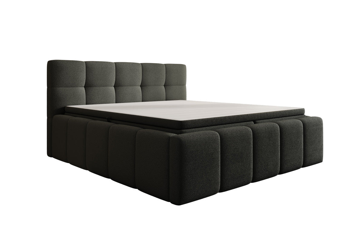 Designer upholstered bed Romy in Teddy Bouclé with storage, including mattresses