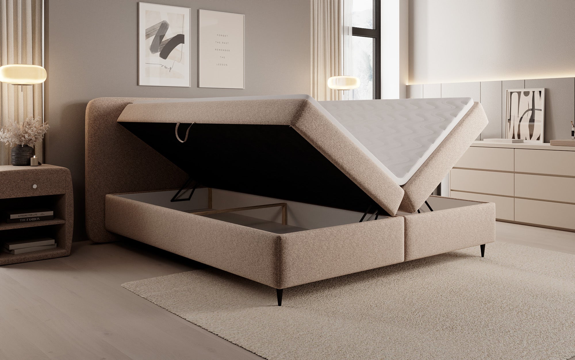 Boxspringbett Nea am Strukturstoff mat Stauraum