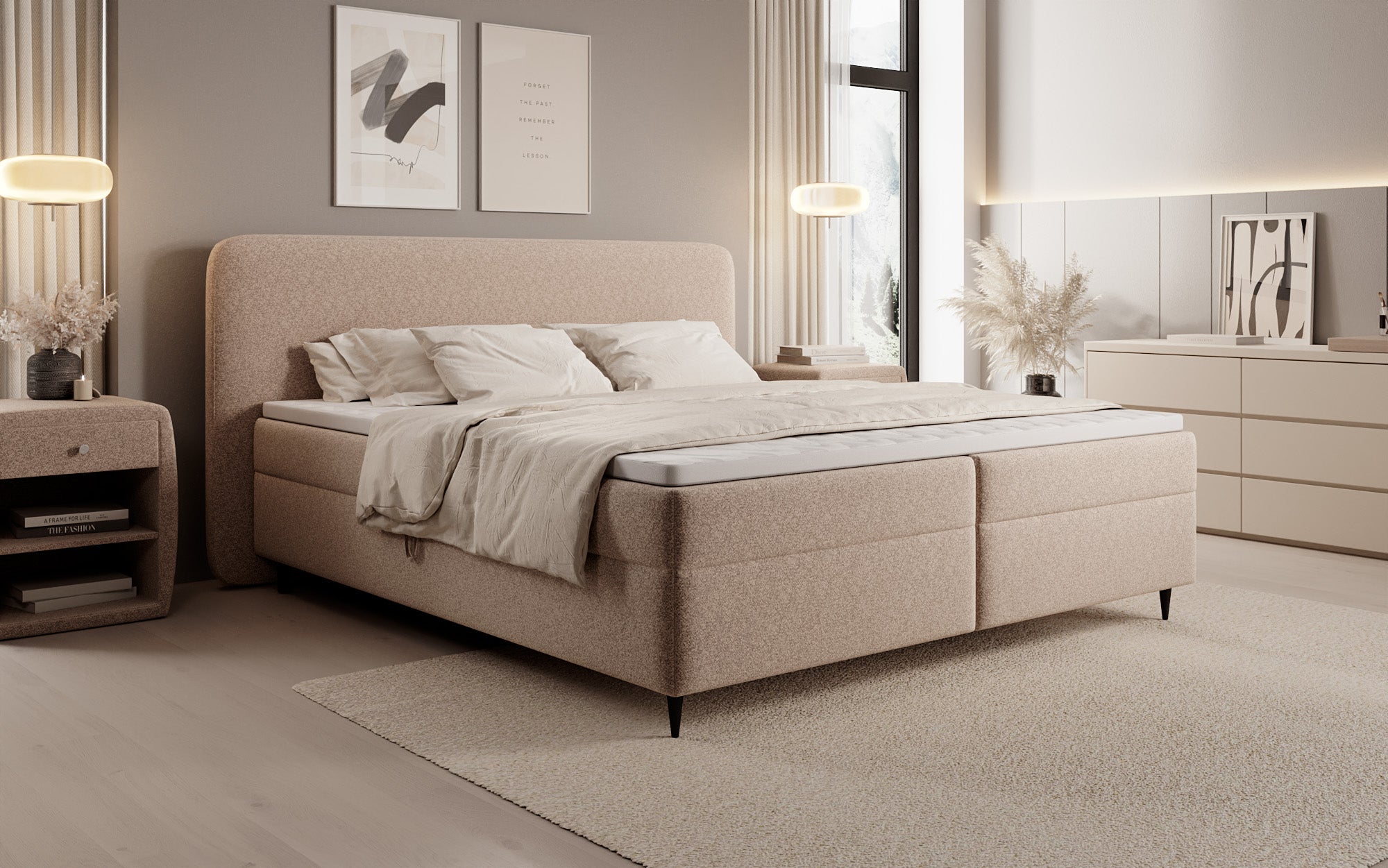 Boxspringbett Nea am Strukturstoff mat Stauraum