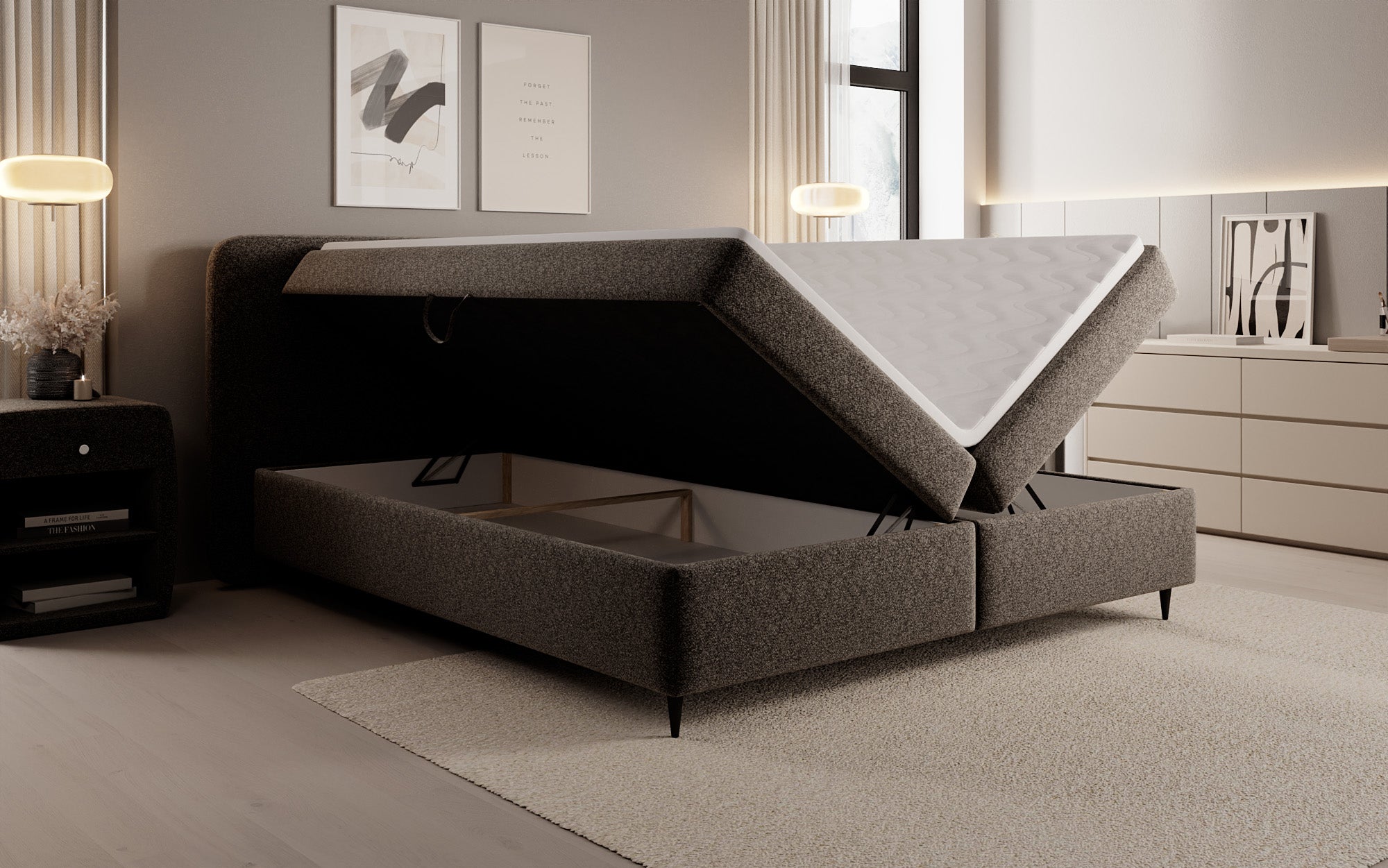 Boxspringbett Nea am Strukturstoff mat Stauraum