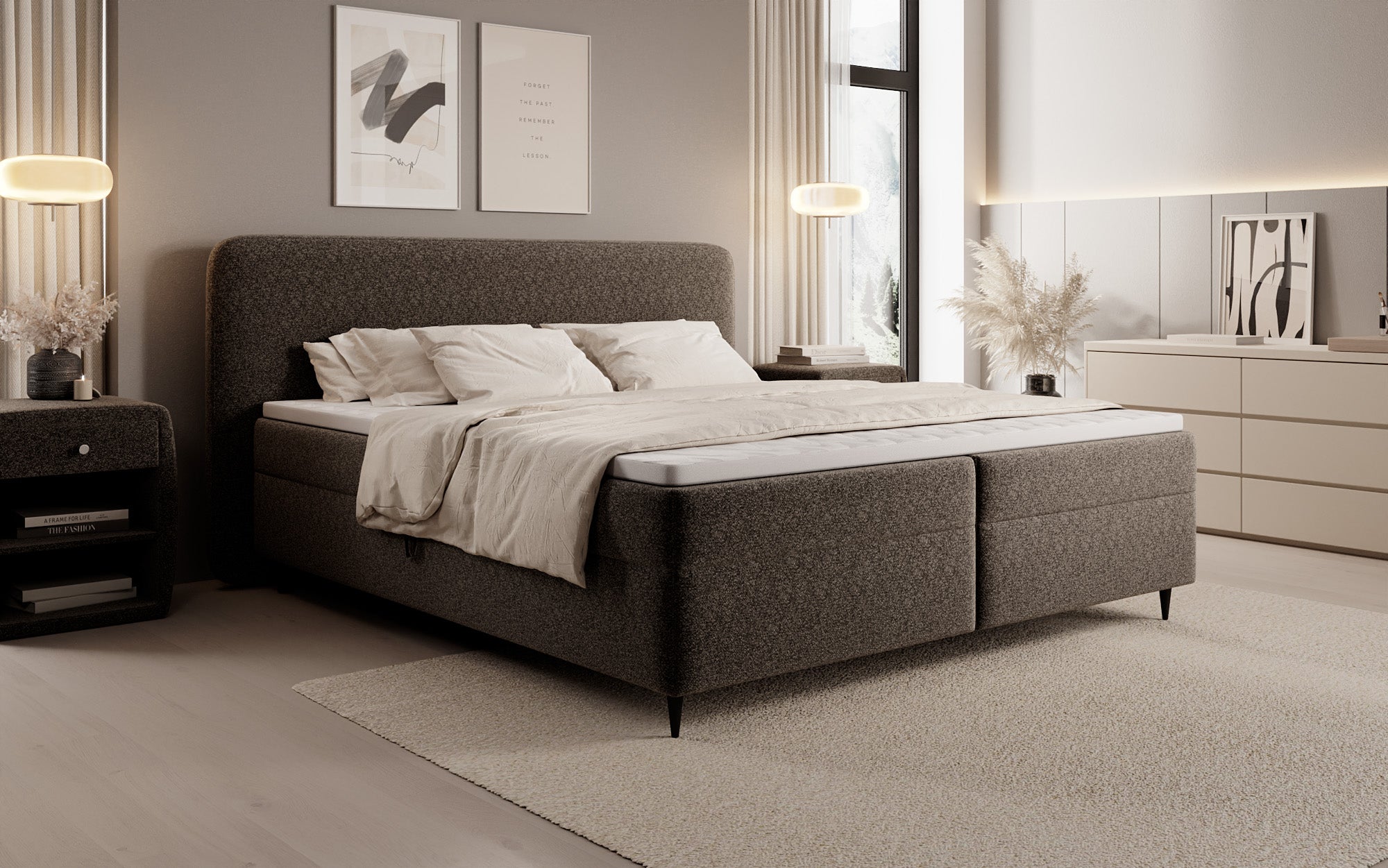 Boxspringbett Nea am Strukturstoff mat Stauraum