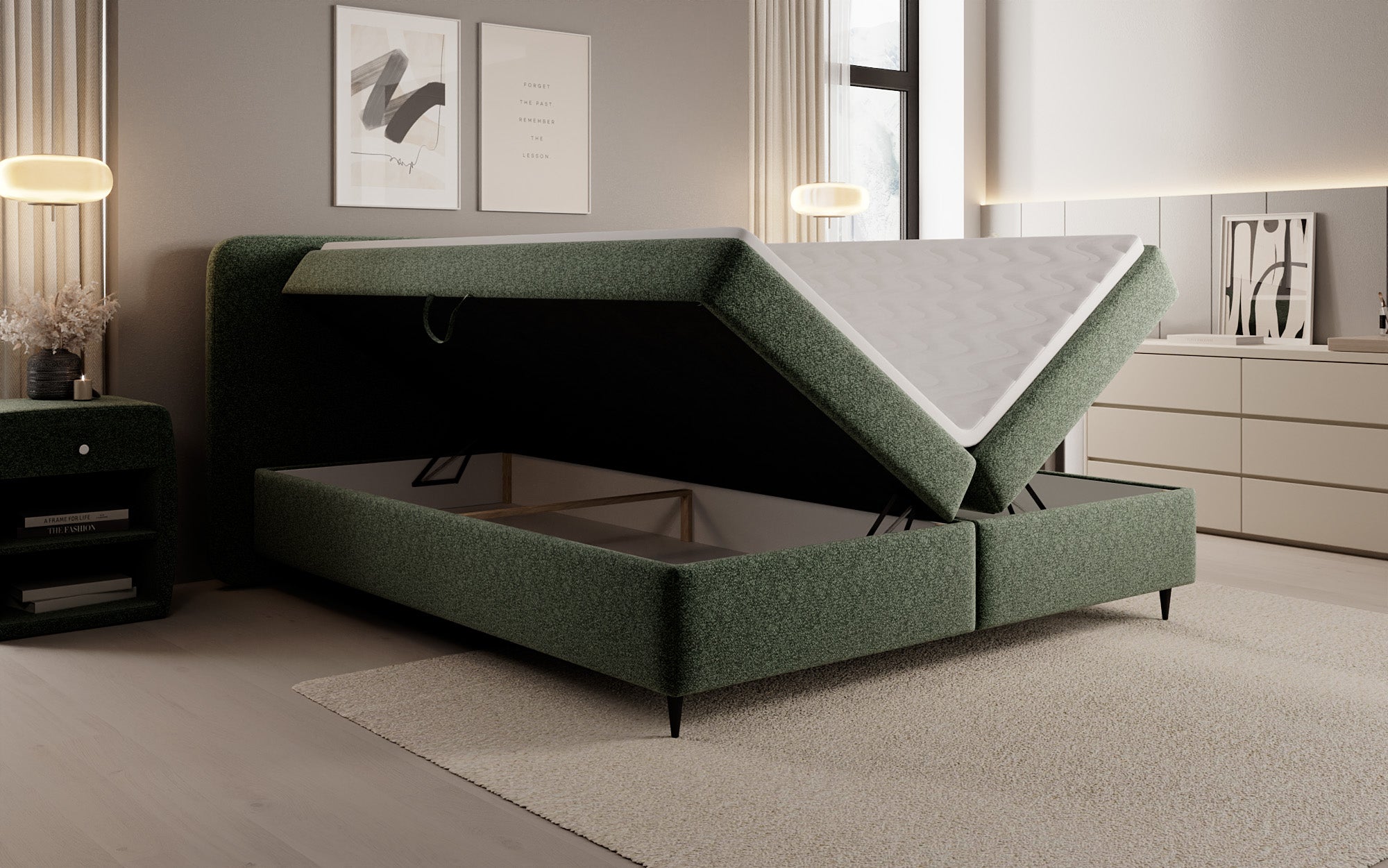 Boxspringbett Nea am Strukturstoff mat Stauraum