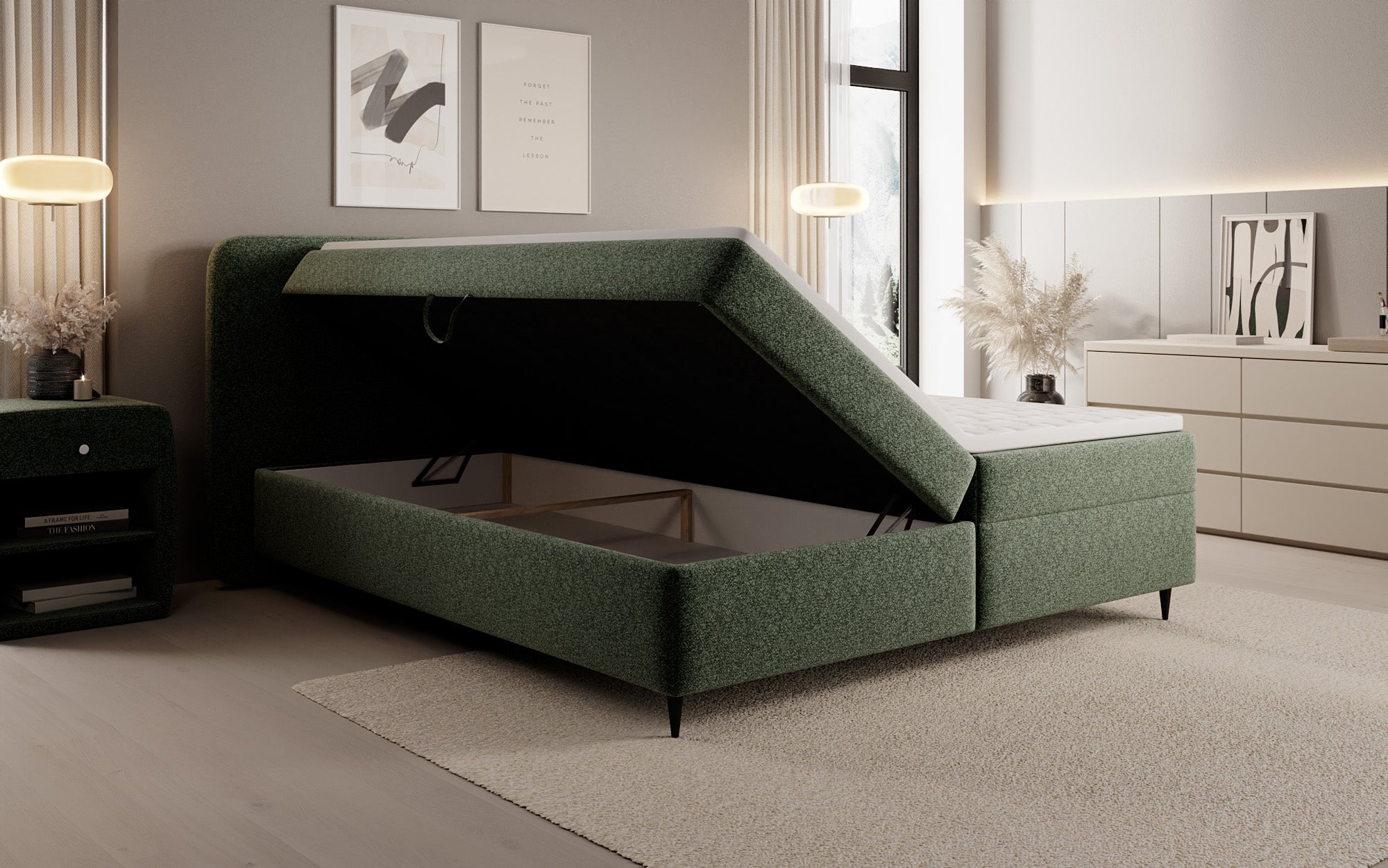 Boxspringbett Nea am Strukturstoff mat Stauraum