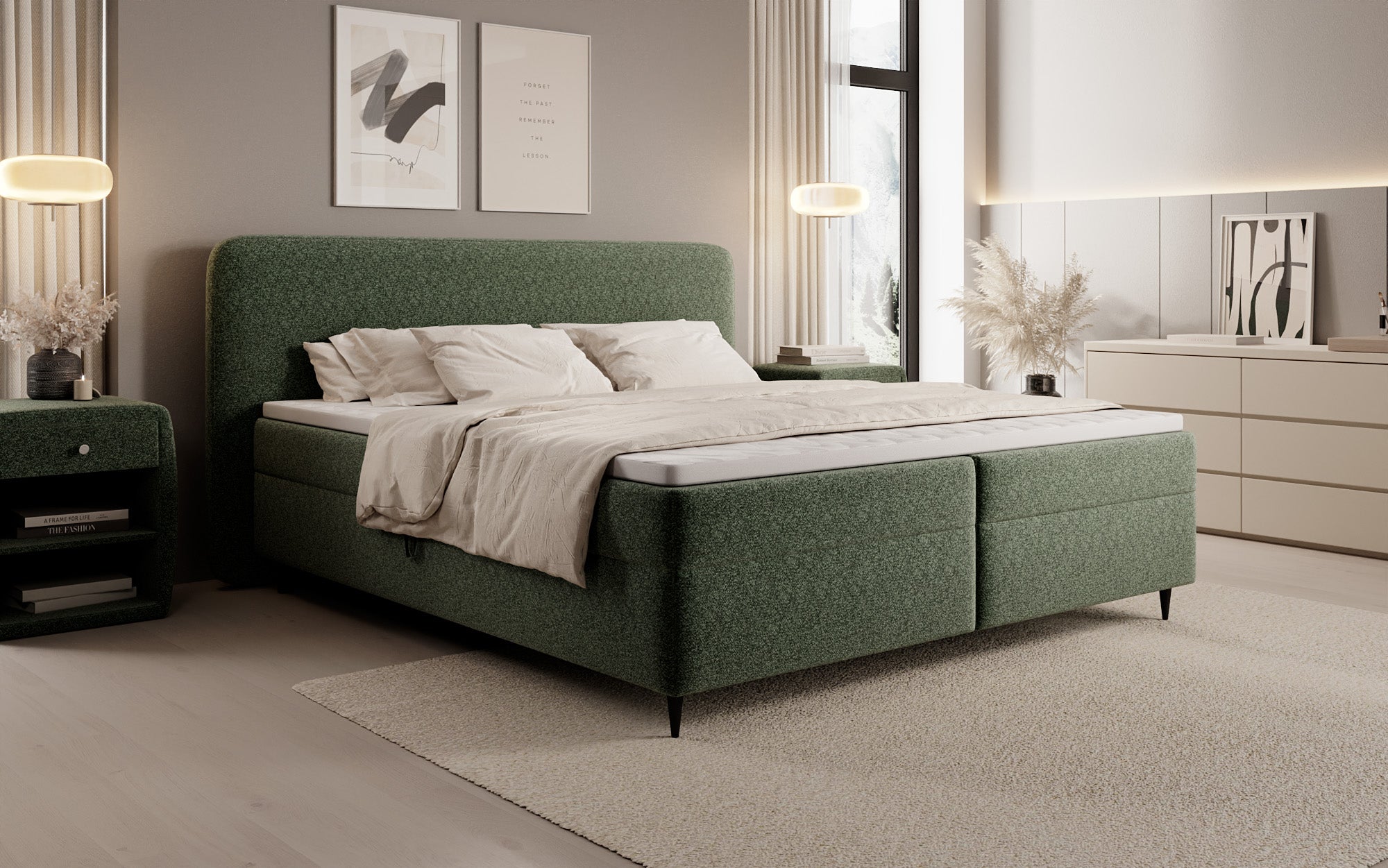 Boxspringbett Nea am Strukturstoff mat Stauraum