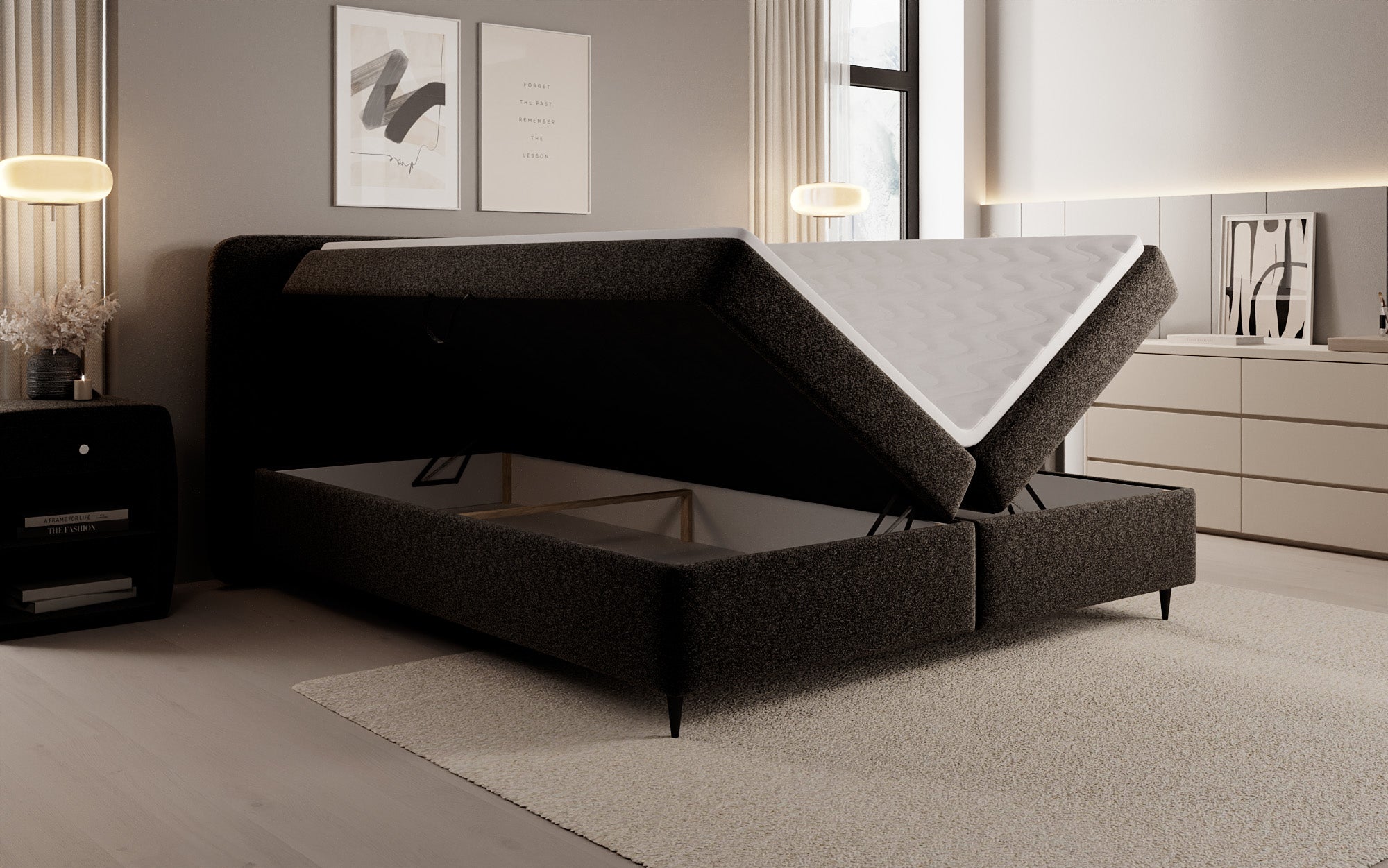 Boxspringbett Nea am Strukturstoff mat Stauraum