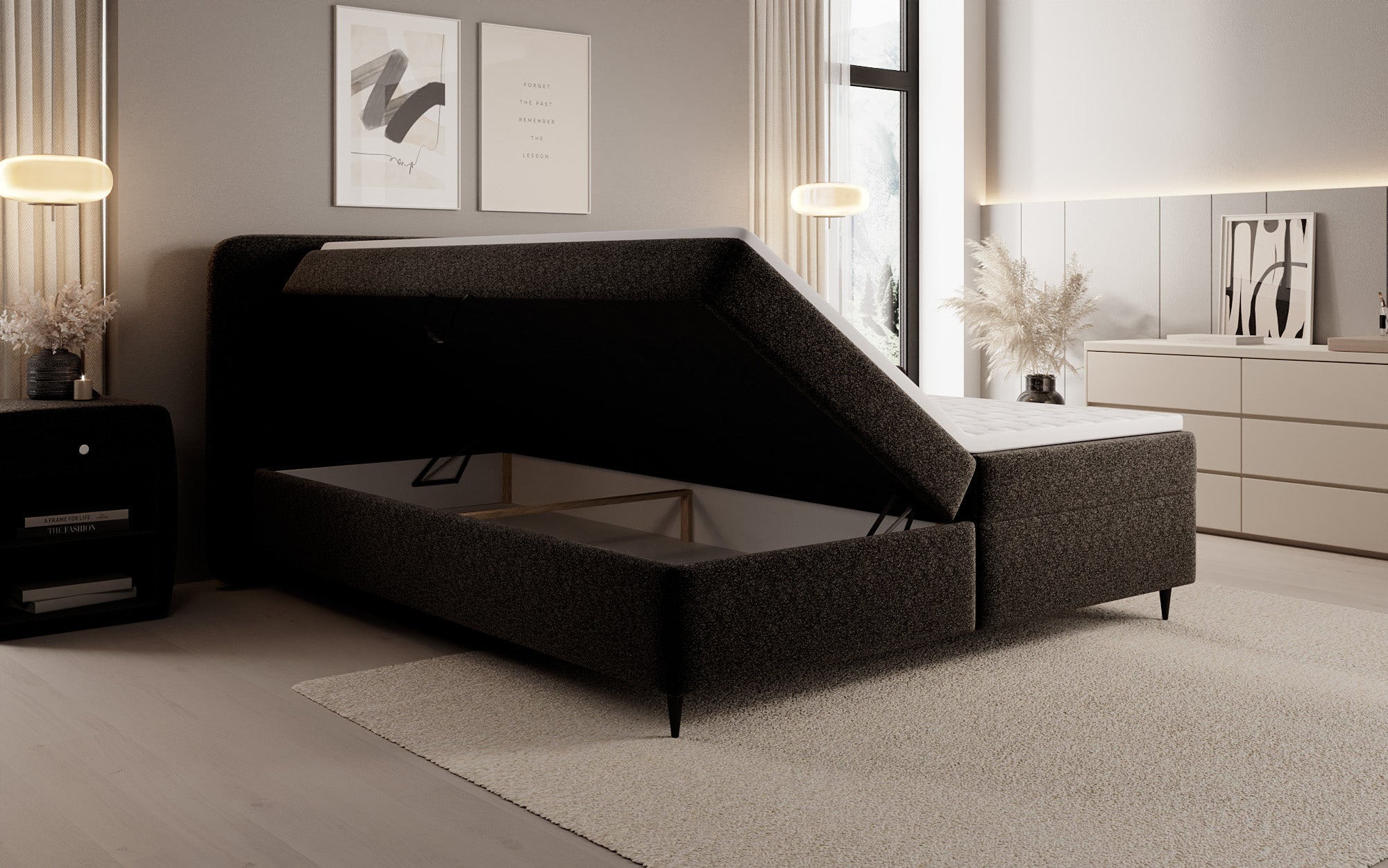 Boxspringbett Nea am Strukturstoff mat Stauraum
